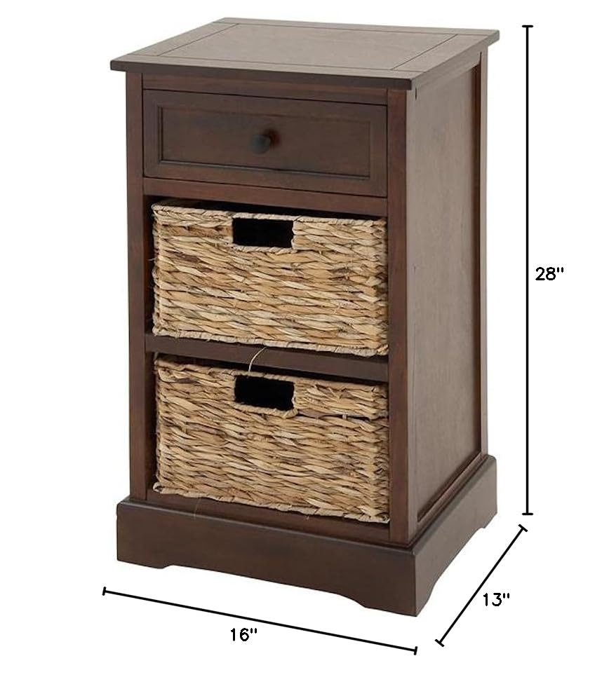 Urban Designs 7767169 Malibu 3-Drawer Nightstand with Wicker Baskets - Medium Coffee Finish - Bedside Table for Bedroom, Living Room, or Guest Room Storage