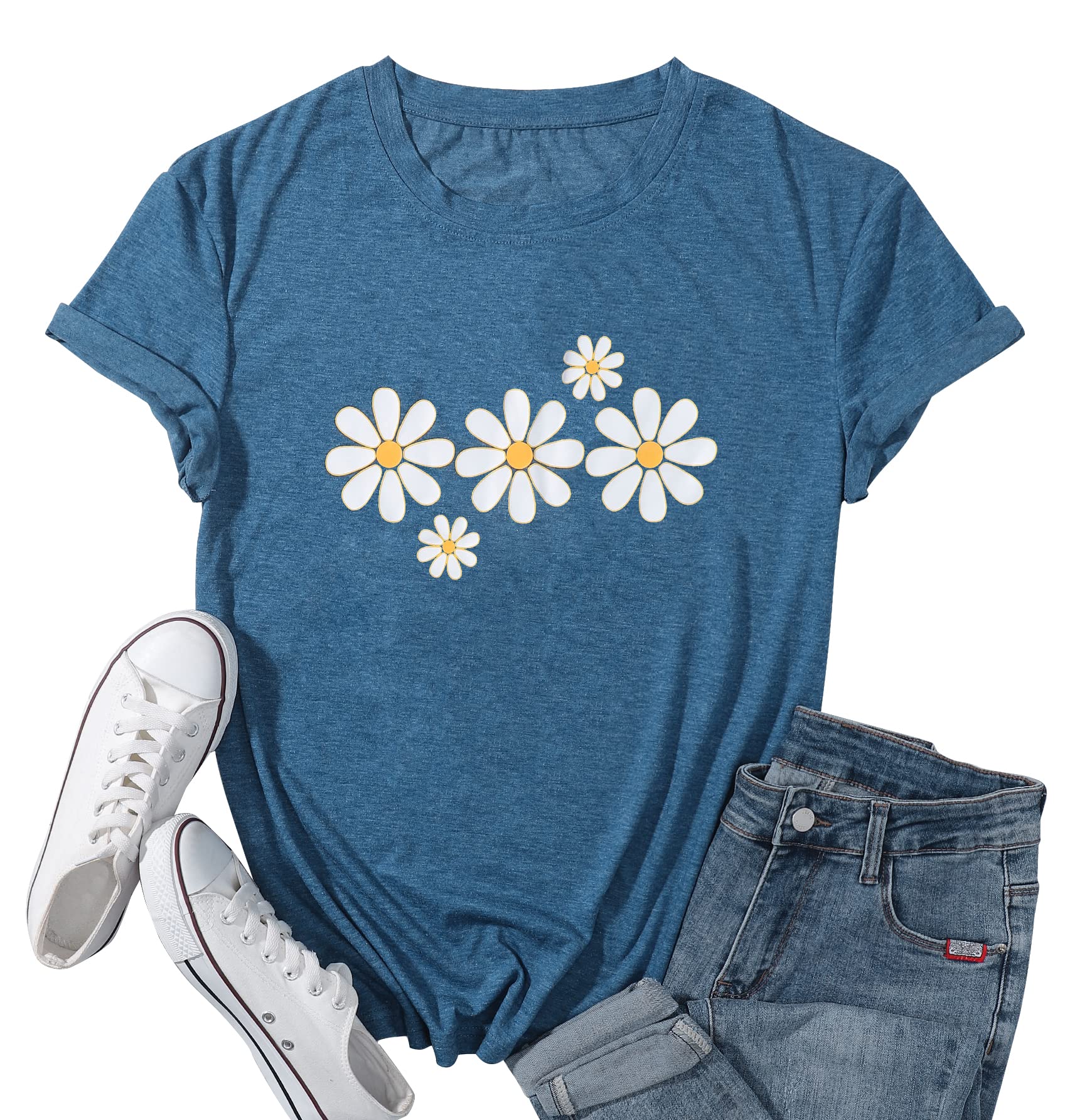 LUKYCILD Women's Daisy Graphic Tee - Short Sleeve Summer T-Shirt with Faith Design - Casual Wear for Outings, Beach, and Everyday Comfort