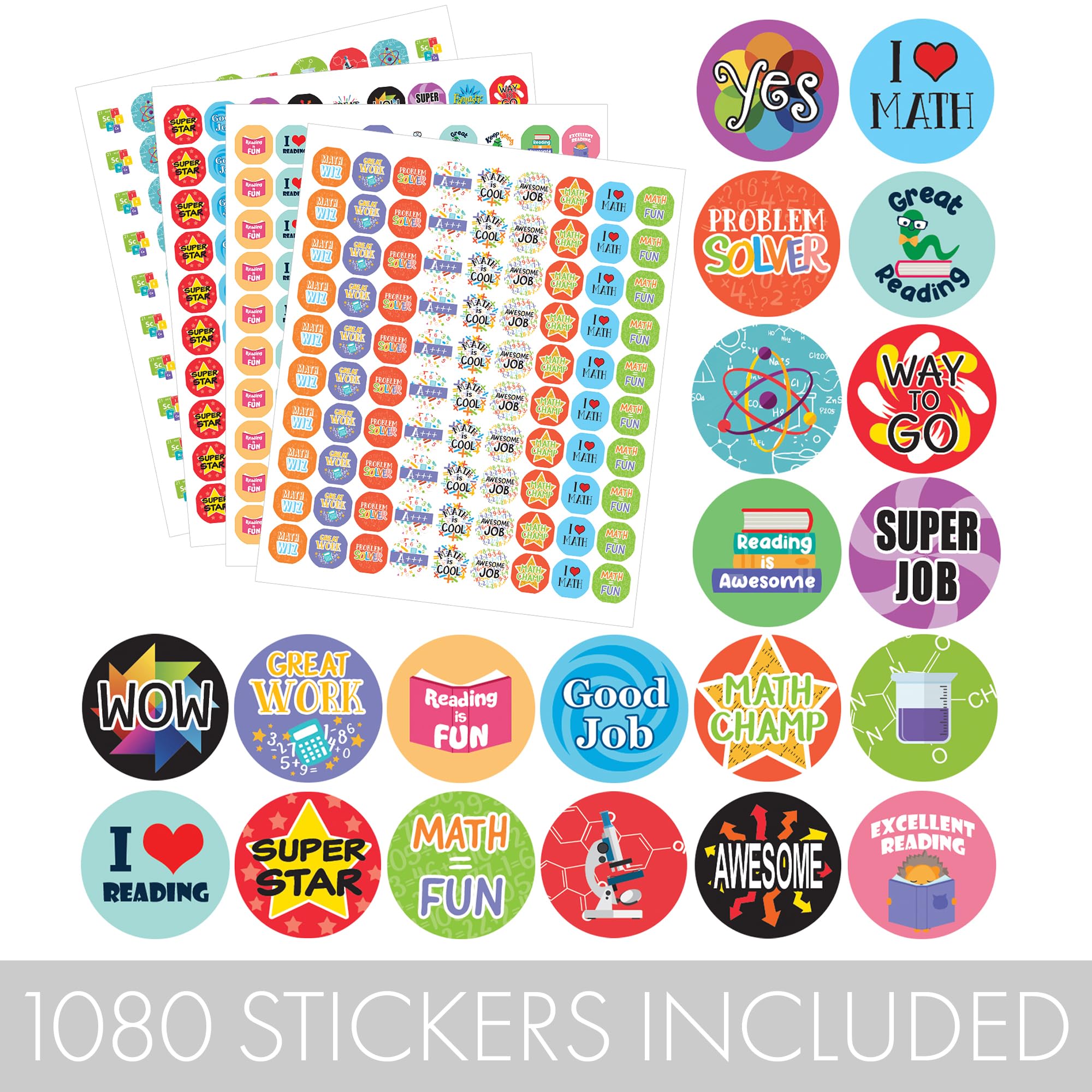 Teacher Reward Stickers for Kids - 1,080 Count Variety Pack with Math, Reading & Science Stickers - Perfect for Classroom Incentives, Student Motivation & Homeschool Learning Activities