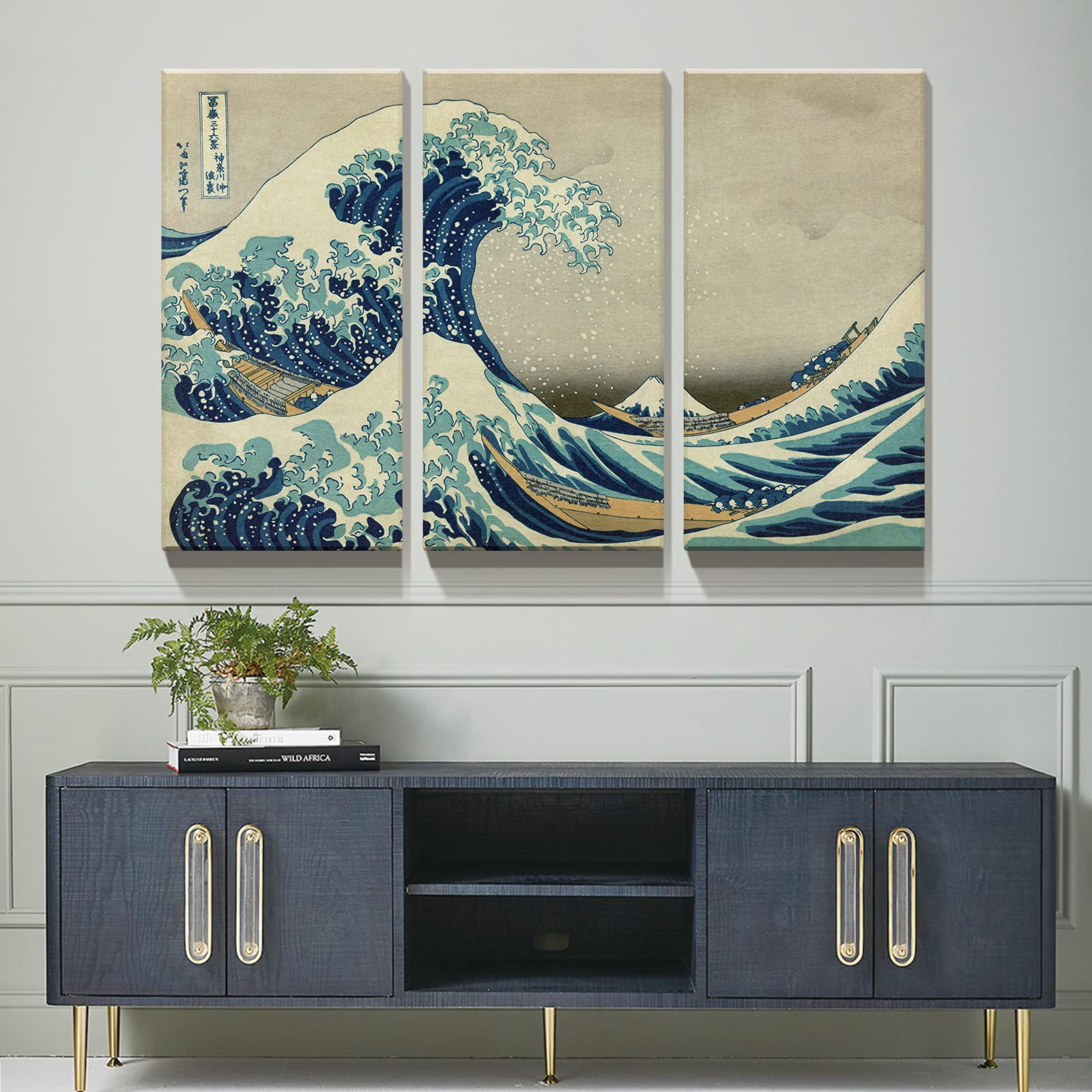 Denozer - 3 Piece Canvas Wall Art - The Great Wave Off Kanagawa Oil Painting Reproduction Giclee Print - Stretched and Framed Ready to Hang - 24