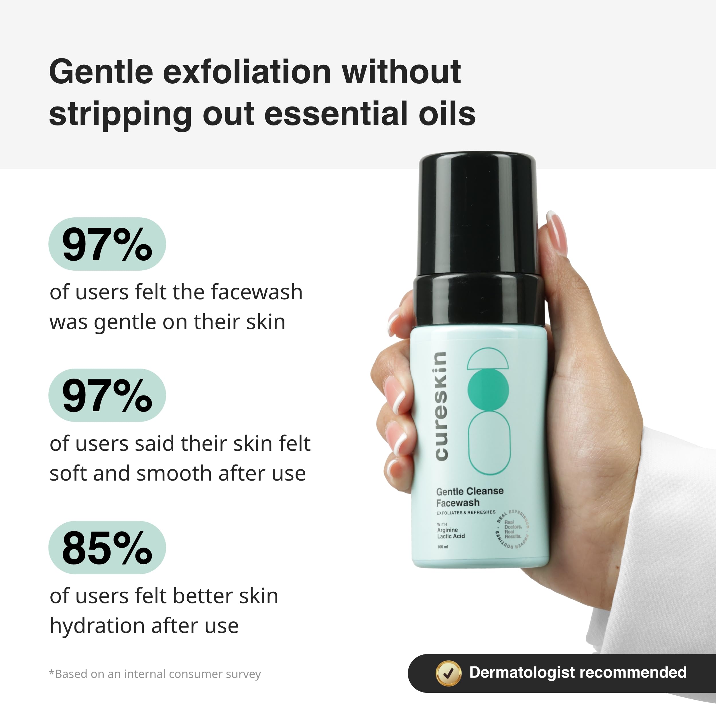 Cureskin Gentle Cleanse Brightening Face Wash with Lactic Acid AHA | Foam Cleanser for Women & Men | Daily Skincare for Acne, Dark Spots & Glowing Skin | Perfect for Morning & Night Routine