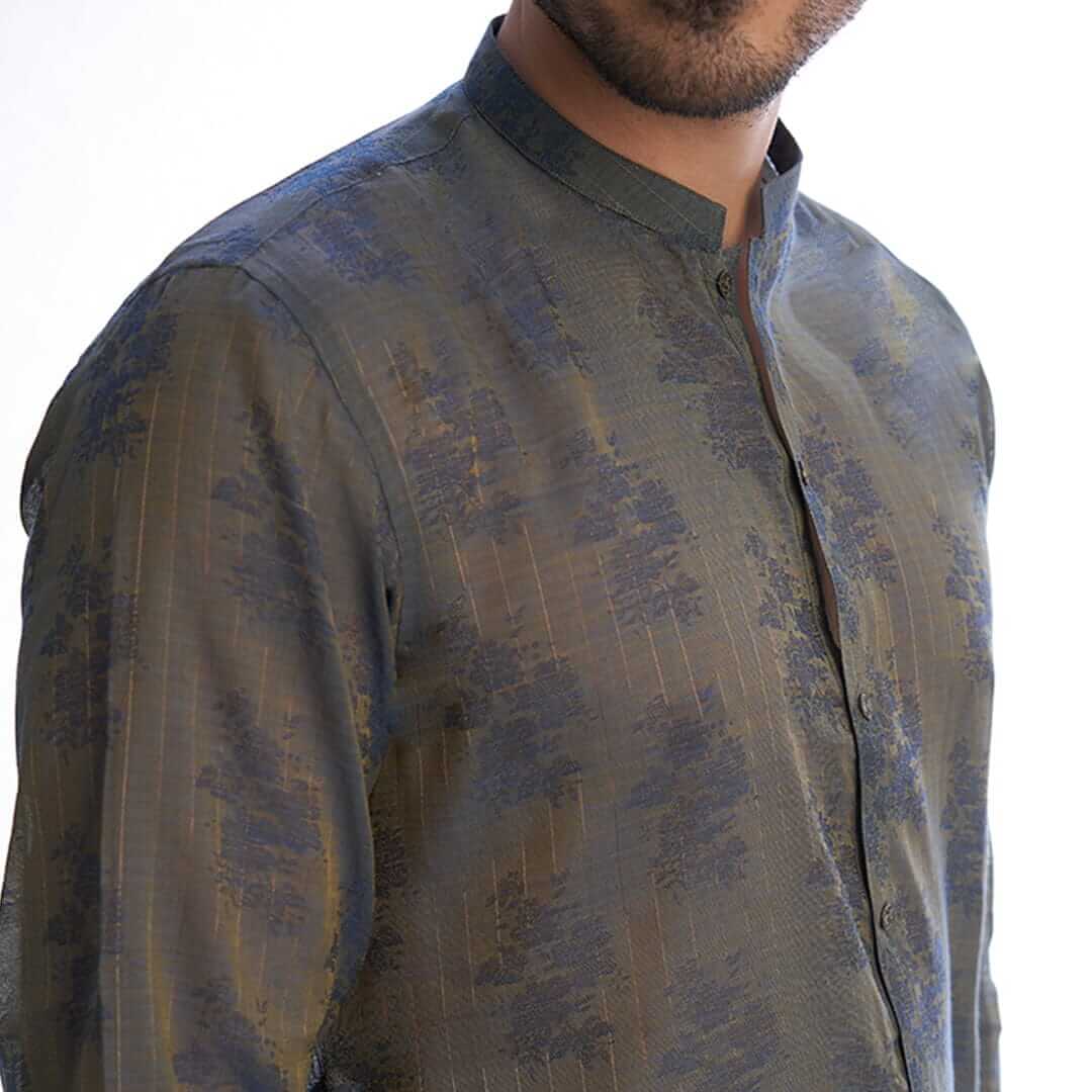 Stylish Grey and Blue Two-Tone Cotton Brocade Kurta for Men - Perfect for Festivals, Weddings & Ethnic Occasions