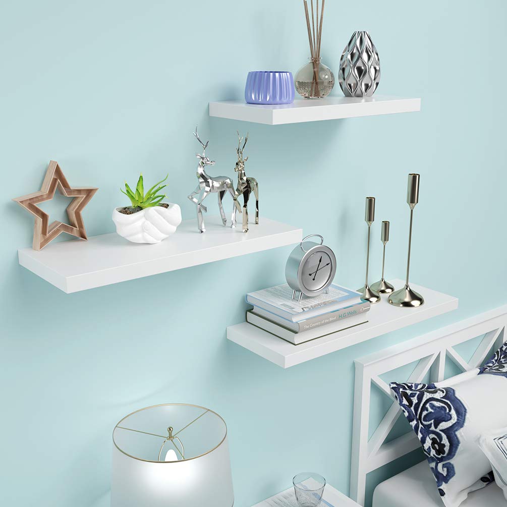EEFOW White Floating Shelves Wall Mounted - Set of 3 Modern Wooden Ledge Shelves for Home Decor | Invisible Storage Display Shelf for Bedroom, Living Room, Office & Kitchen | Perfect for Books, Plants, Photos and Decorative Items