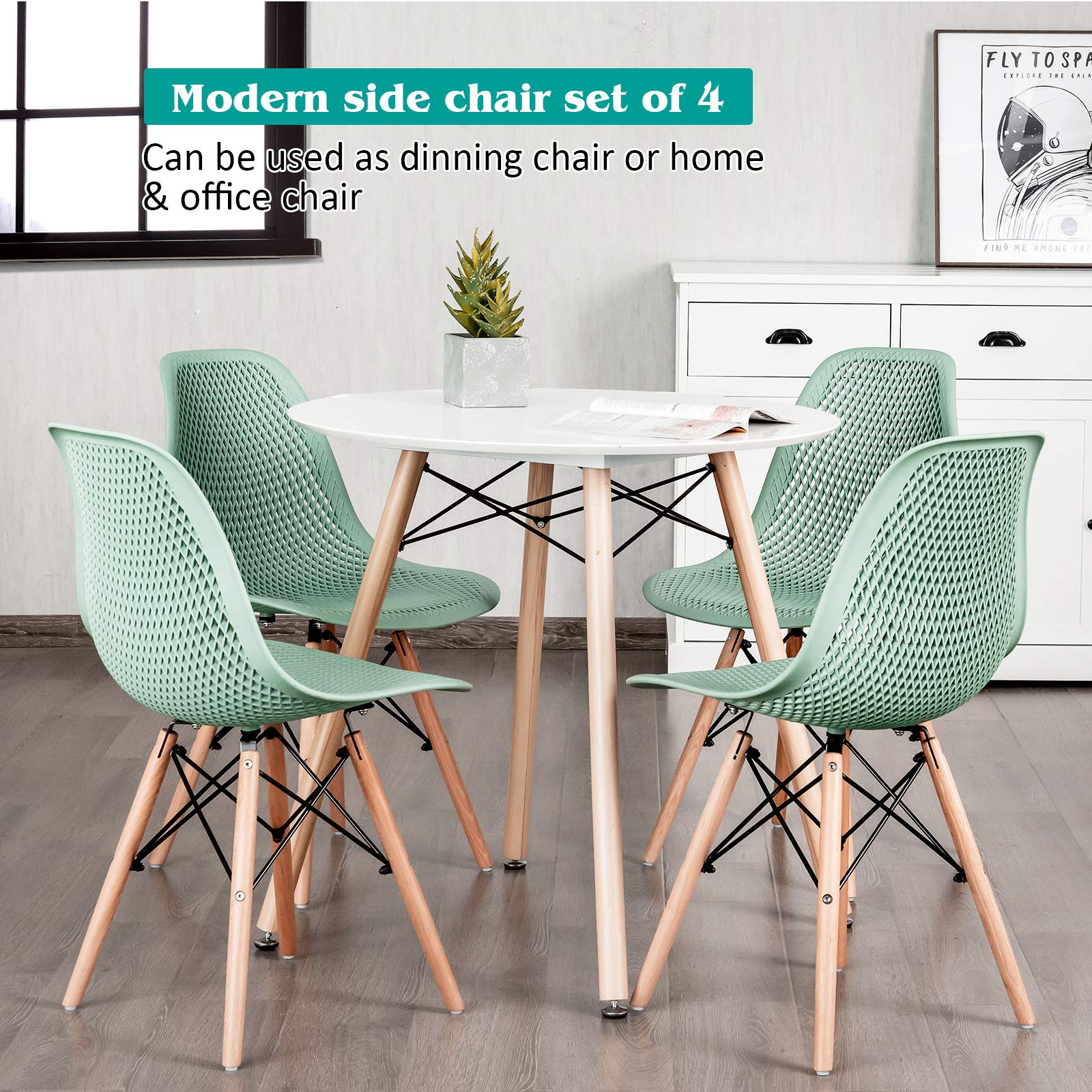Giantex Set of 4 Modern Dining Chairs - Indoor/Outdoor Shell PP Lounge Side Chairs with Mesh Design & Beech Wood Legs - Tulip Leisure Chairs for Kitchen, Dining Room, Patio, Garden - Green