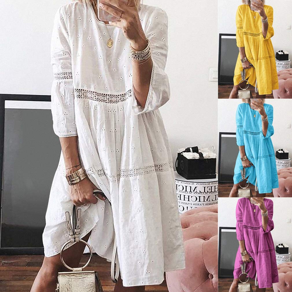 Boho Solid Crew Neck Hollow Out Sleeve Midi Dress for Women - Summer Beach Plus Size Dress | Perfect for Vacations, Casual Outings & Boho Fashion