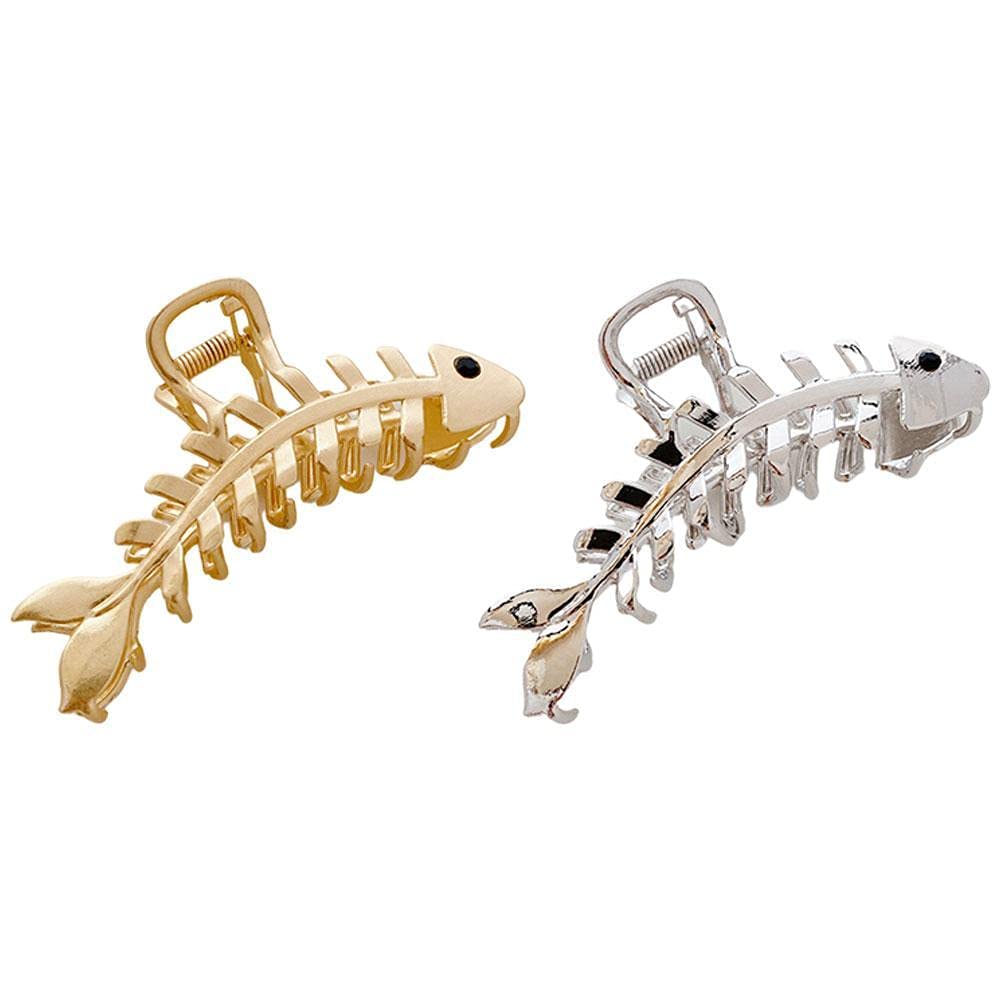 2 Pcs Vintage Fish Bone Hair Claw Clips for Women - Large Metal Jaw Clips for Thick Hair, Hair Styling Accessories for Ponytails, Buns & Updos - Perfect for Daily Use, Workouts & Special Occasions