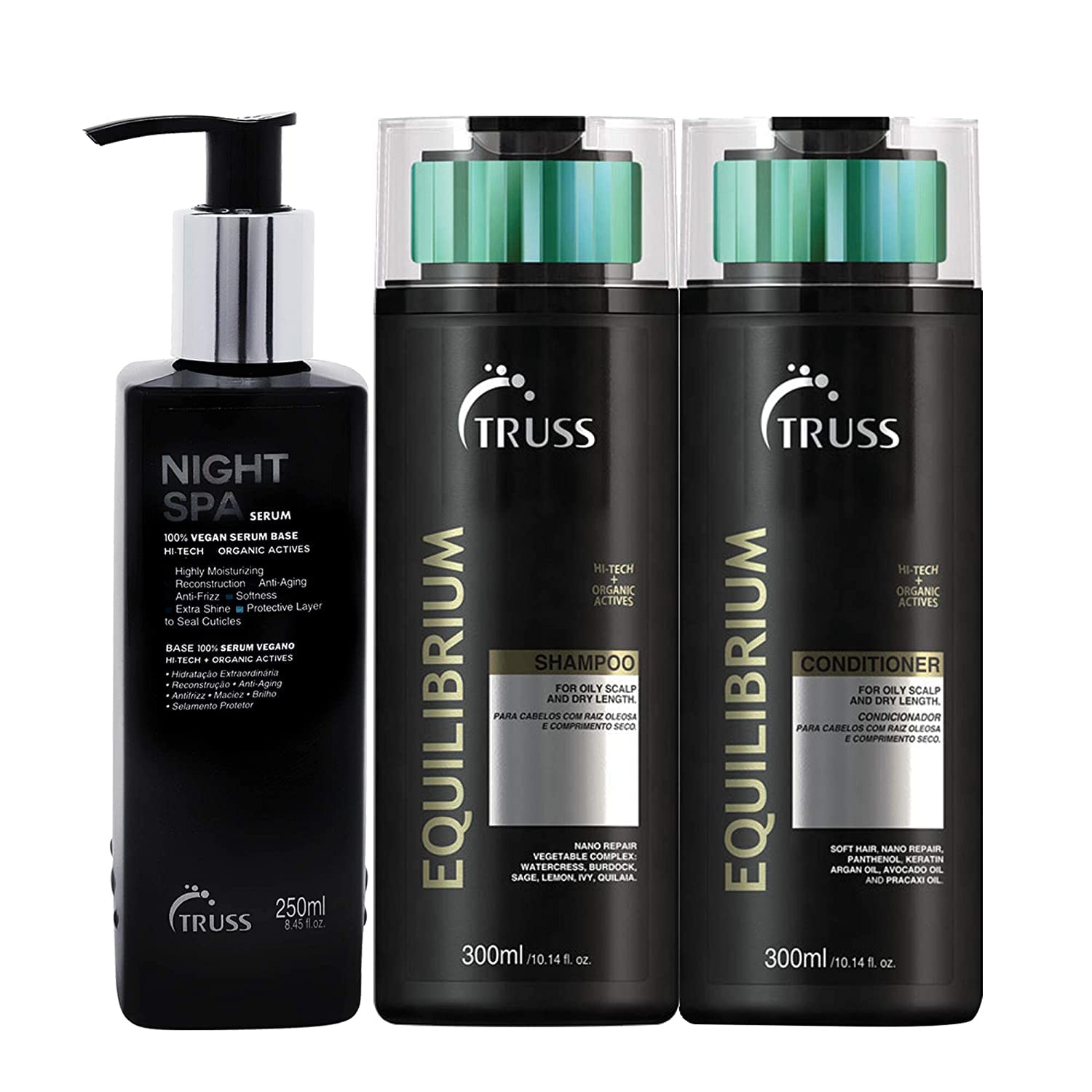 Truss Night Spa Hair Serum Bundle with Equilibrium Conditioner & Shampoo Set for Deep Hydration & Repair | Perfect for Damaged, Dry & Frizzy Hair | At-Home Salon Treatment & Nighttime Hair Care Routine
