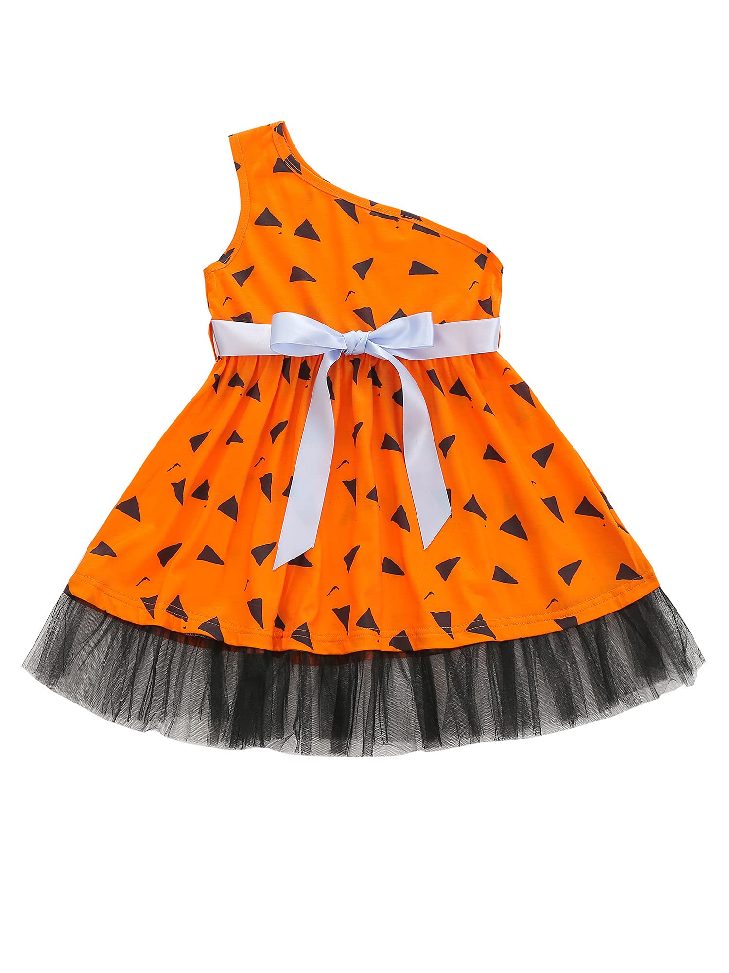 Spring Hue Toddler Baby Girls Slanted Shoulder Dress with Bow Belt - Cute Mesh Stitching Halloween Costume Dress for Parties & Photo Shoots