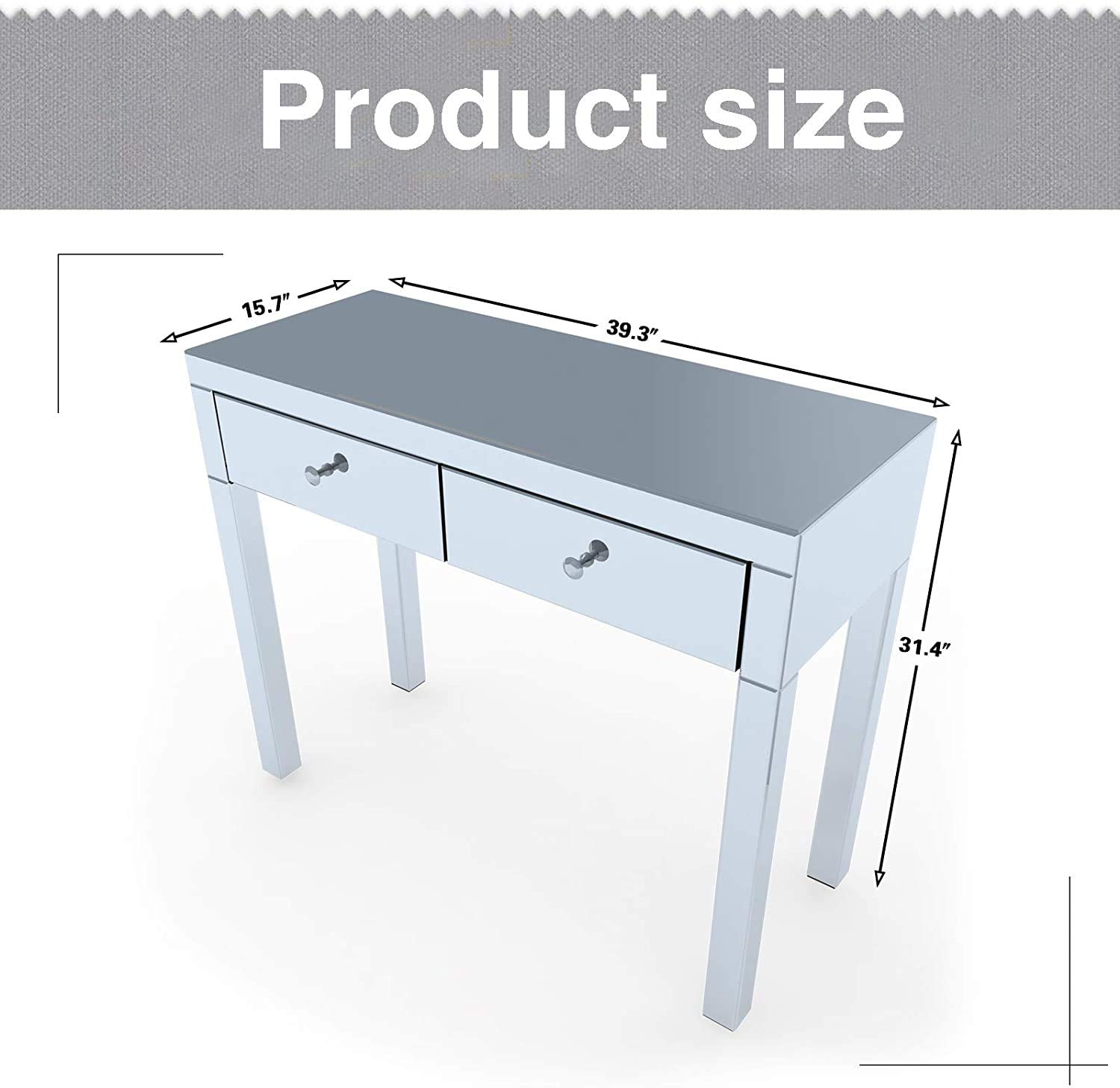 Modern Silver Mirror Writing Computer Desk with 2 Drawers - Sturdy Home Office Workstation for Study, Gaming & Remote Work - Space-Saving Design for Small Rooms & Apartments