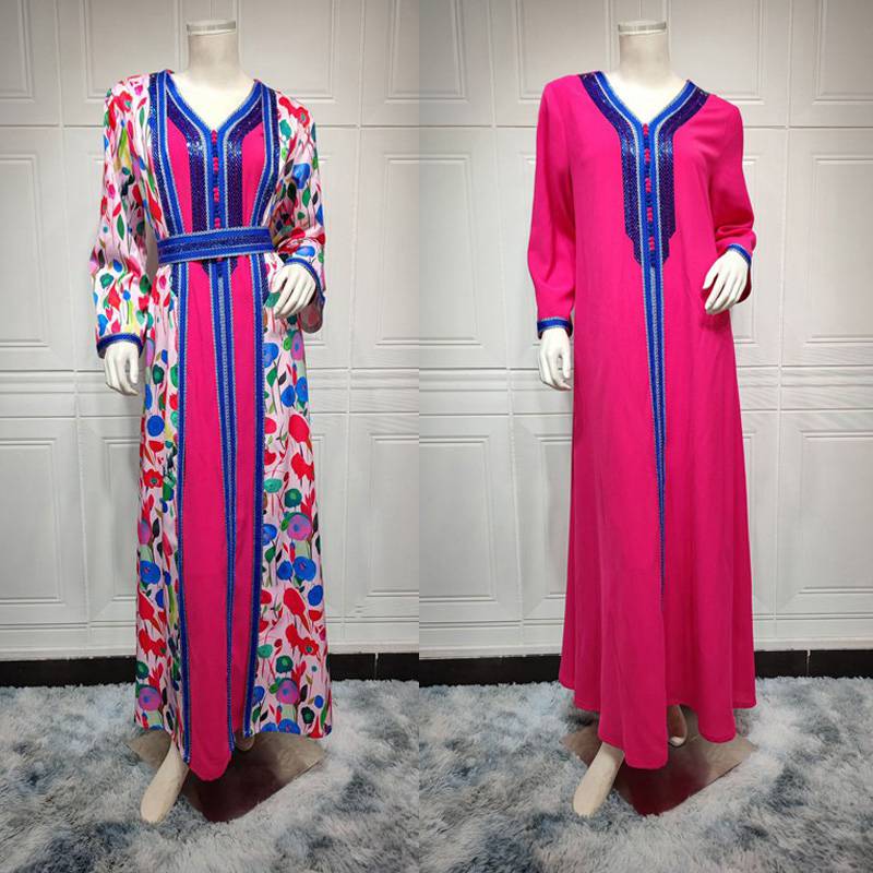 2-Piece Hotfix Rhinestone Printed Caftan Jalabiya Kaftan Dress Set with Inner Liner - Elegant Beach Coverup & Evening Party Wear for Women