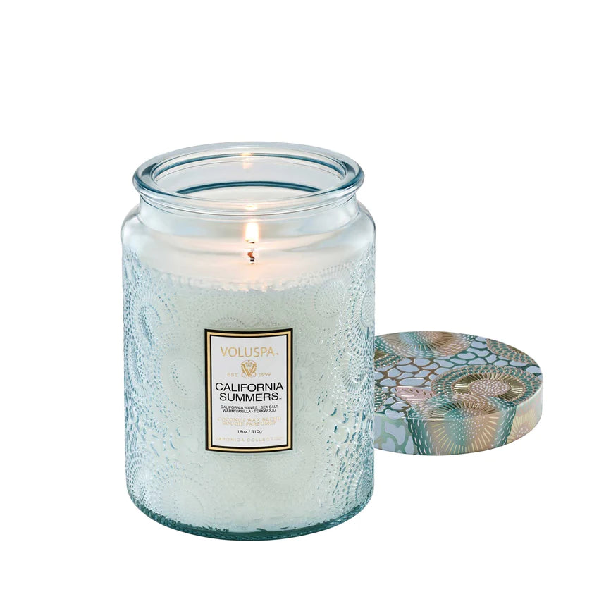 California Summers Large Embossed Jar Candle - Aromatherapy Scented Soy Wax Candle for Home Decor, Relaxation & Gift Giving - Perfect for Living Room, Bedroom & Spa