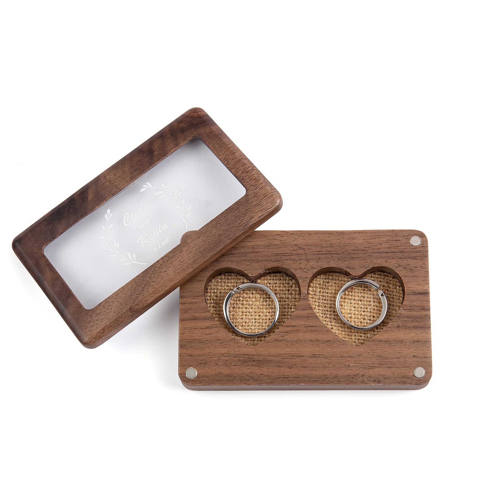 Engraved Wood Ring Box for Wedding & Engagement - Custom Double Jewelry Gift Box for Bride & Groom - Perfect for Ceremony, Proposal & Anniversary Gifts (Style 2)