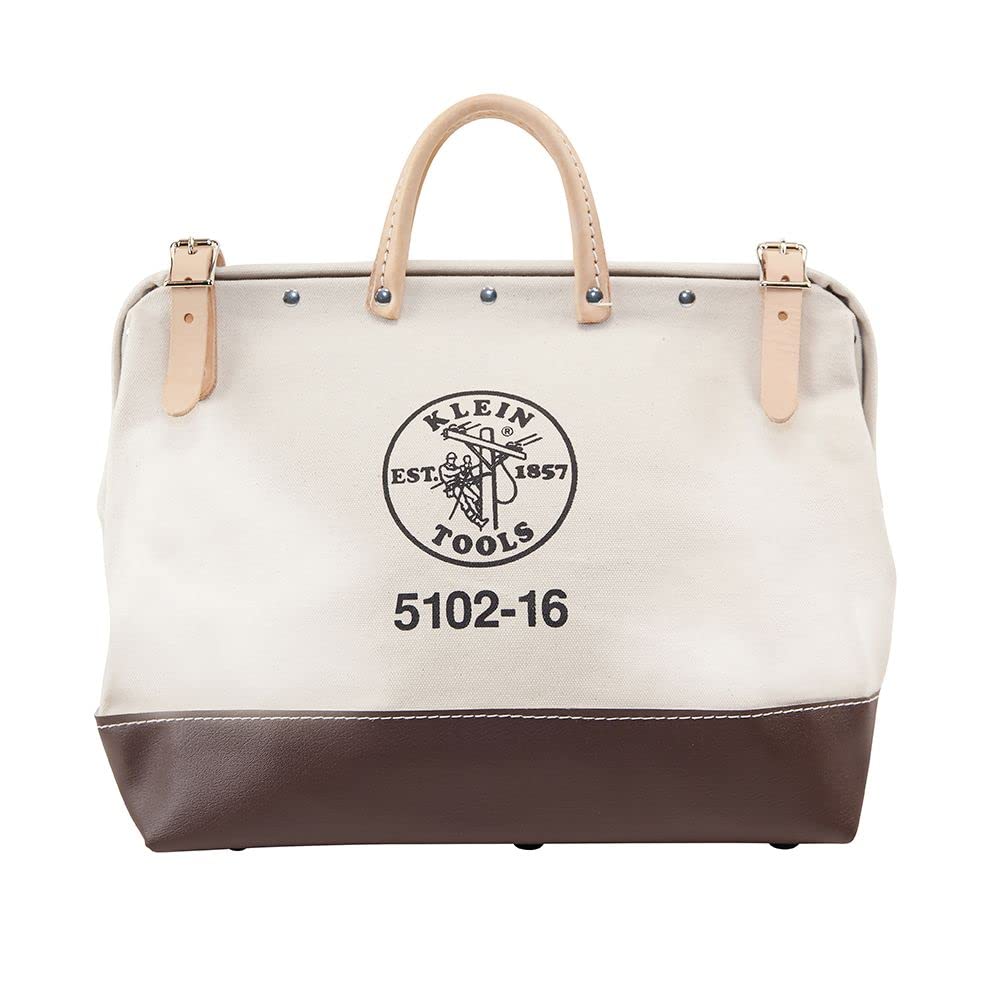 Klein Tools 5102-16 Heavy Duty Natural Canvas Tool Bag - 16-Inch Multi-Purpose Tool Tote with Wide Hinged Opening & Leather Handles - Perfect for Electricians, Contractors & DIY Home Improvement Projects