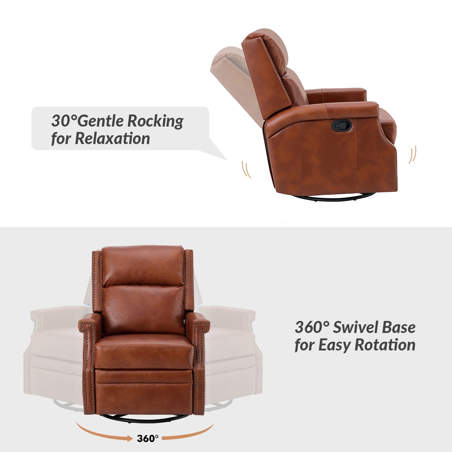 Canace Modern Genuine Leather Manual Glider Rocker Recliner Chair - Comfortable Swivel Lounge Chair for Living Room, Nursery, and Office Relaxation