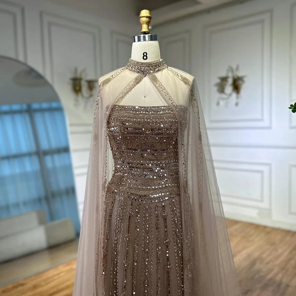 Elegant Beaded A-Line Evening Gown with Caramel Color - Perfect for Dubai Parties, Red Carpet Events & Formal Occasions | Style LA72873