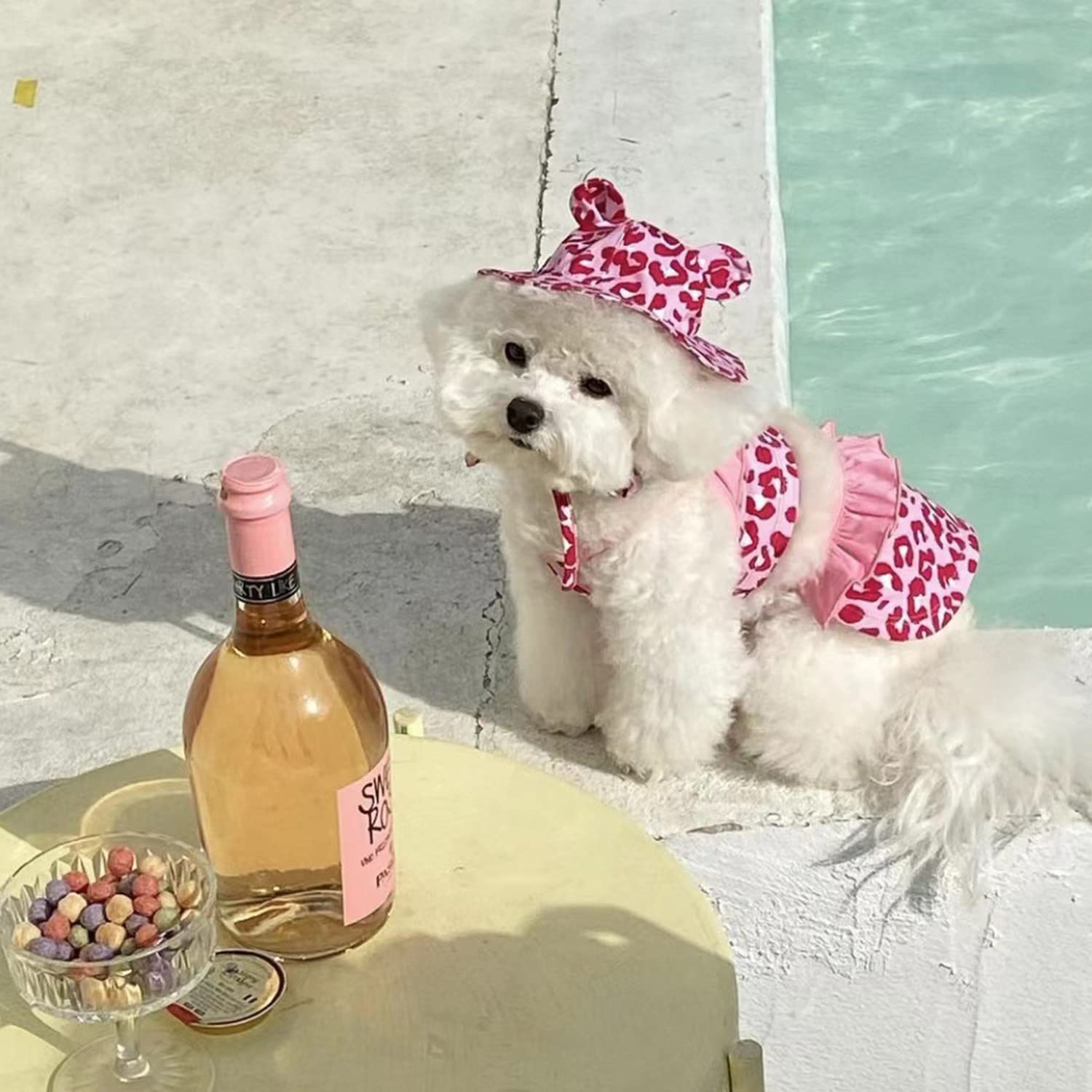 Leopard Dog Bikini Swimsuit with Hat - Summer Pet Beachwear for Small Dogs & Cats