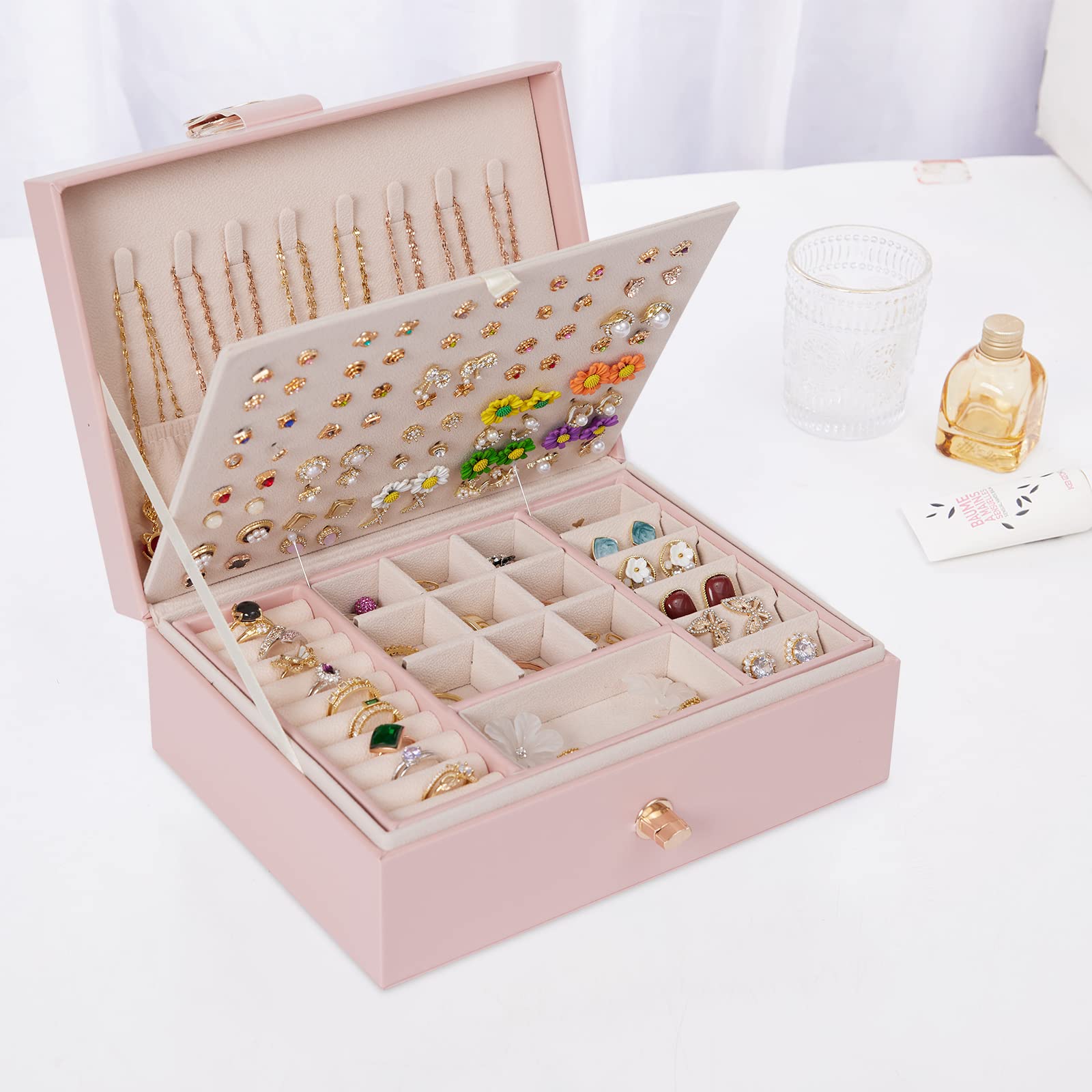 Elegant Pink PU Leather Jewelry Box Organizer for Women - Perfect for Earrings, Rings & Necklaces - Ideal Birthday & New Year Gift for Her - Great for Travel, Home Storage & Gift Giving