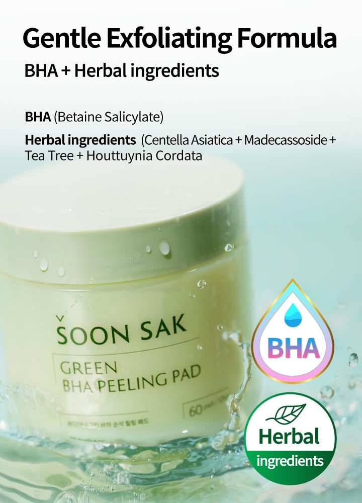 Green BHA Exfoliating Pads 60pcs - Korean Toner Pads for Face, Pore Tightening & Hydration - Chemical Peel Pads with Fruit Extract for Soothing Skincare | Perfect for Daily Exfoliation & Acne Treatment