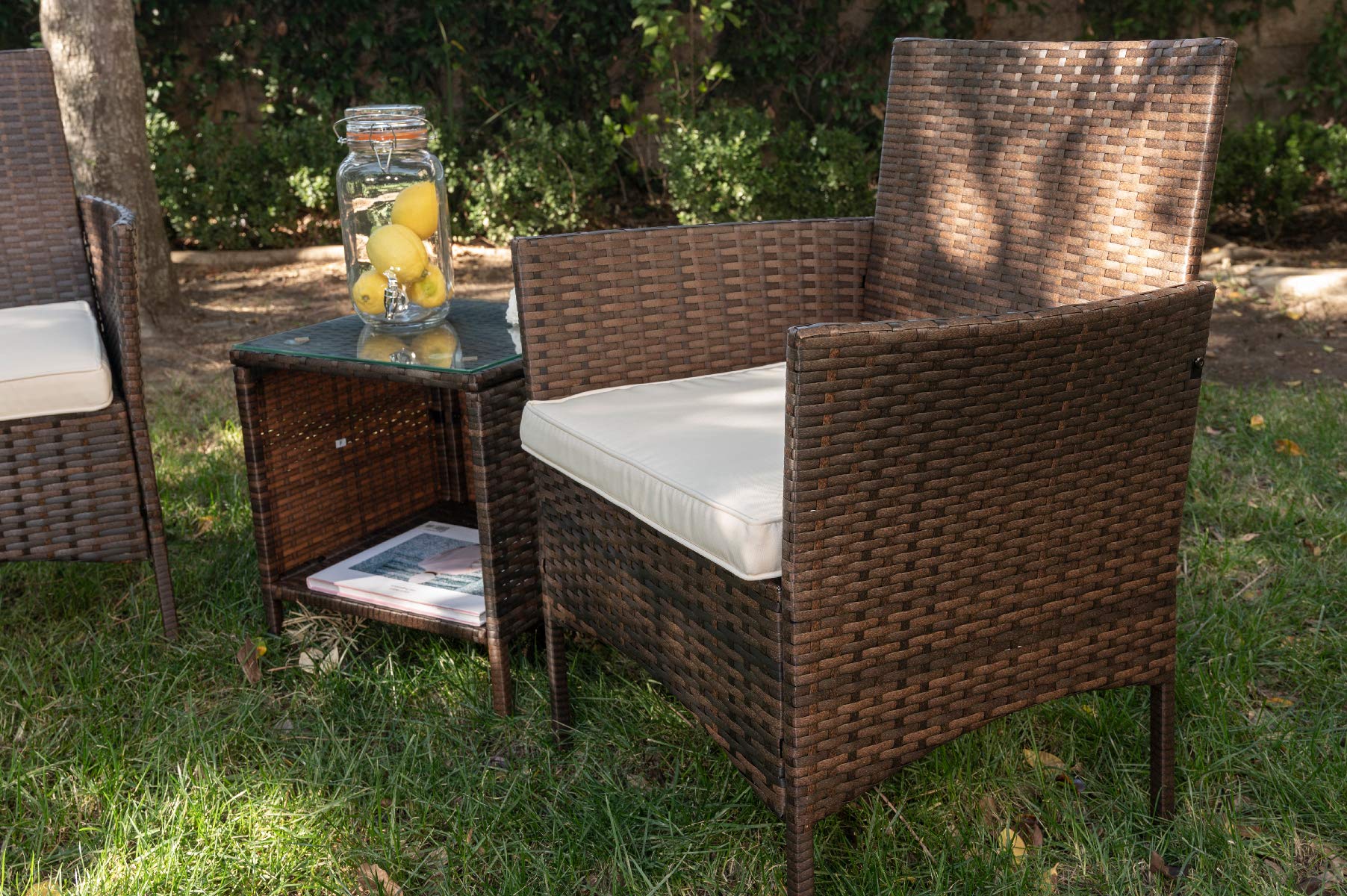 Barton 3-Piece Wicker Patio Furniture Set with Glass Table - Modern Rattan Outdoor Conversation Seating in Aqua - Perfect for Garden, Poolside, and Backyard Relaxation