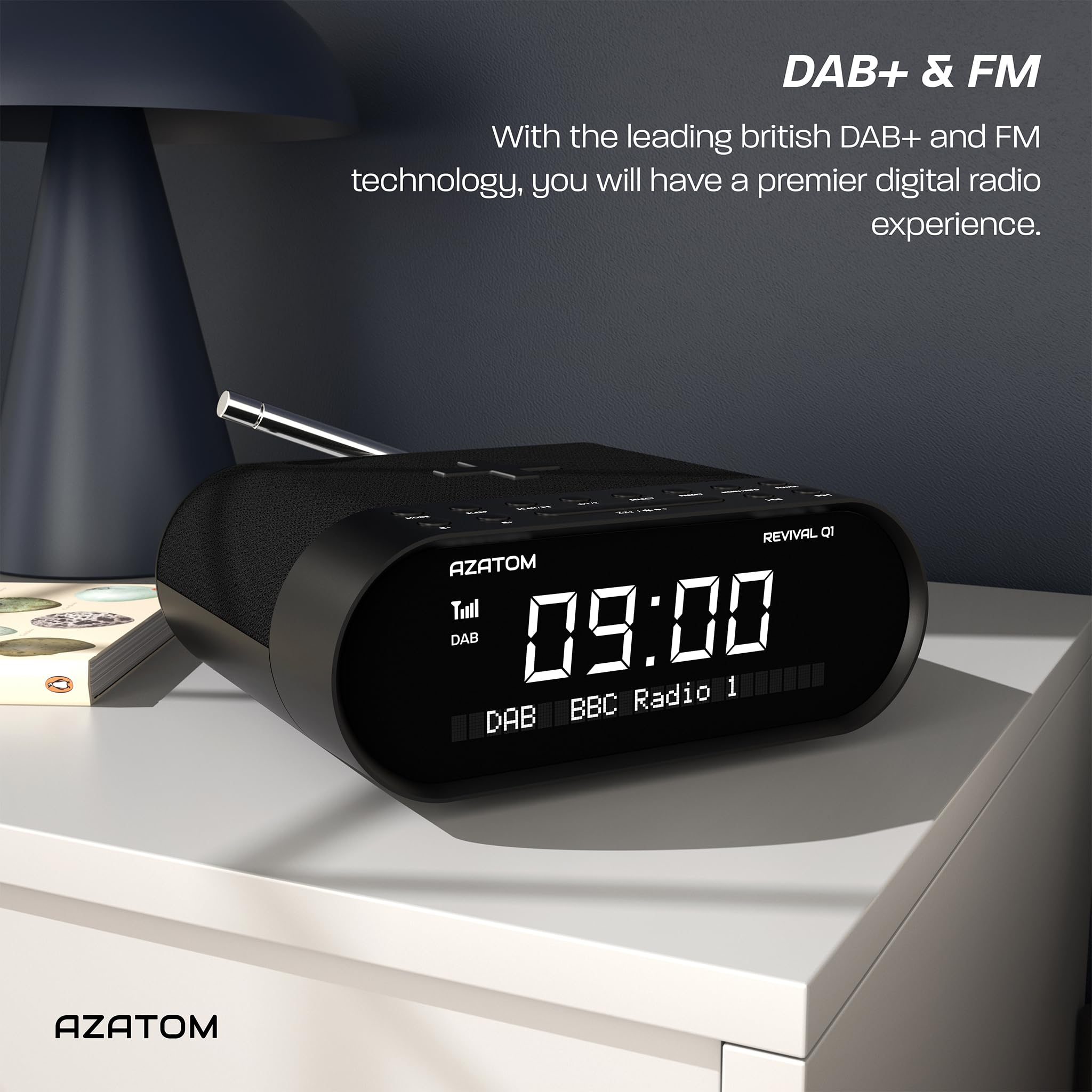 AZATOM Revival Q1 Black DAB+ Digital FM Clock Radio with Bluetooth, Wireless Charging & Dual Alarm - Bedside Alarm Clock with Sleep Timer, USB Port, AUX & Headphone Jack for Home, Office & Travel Use