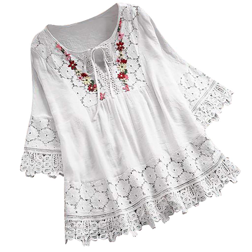 Vintage Lace Patchwork Bow V-Neck Blouse - 3/4 Sleeve Tunic Top for Women Plus Size - Casual Pullover Shirt for Work, Date Night & Spring Outfits