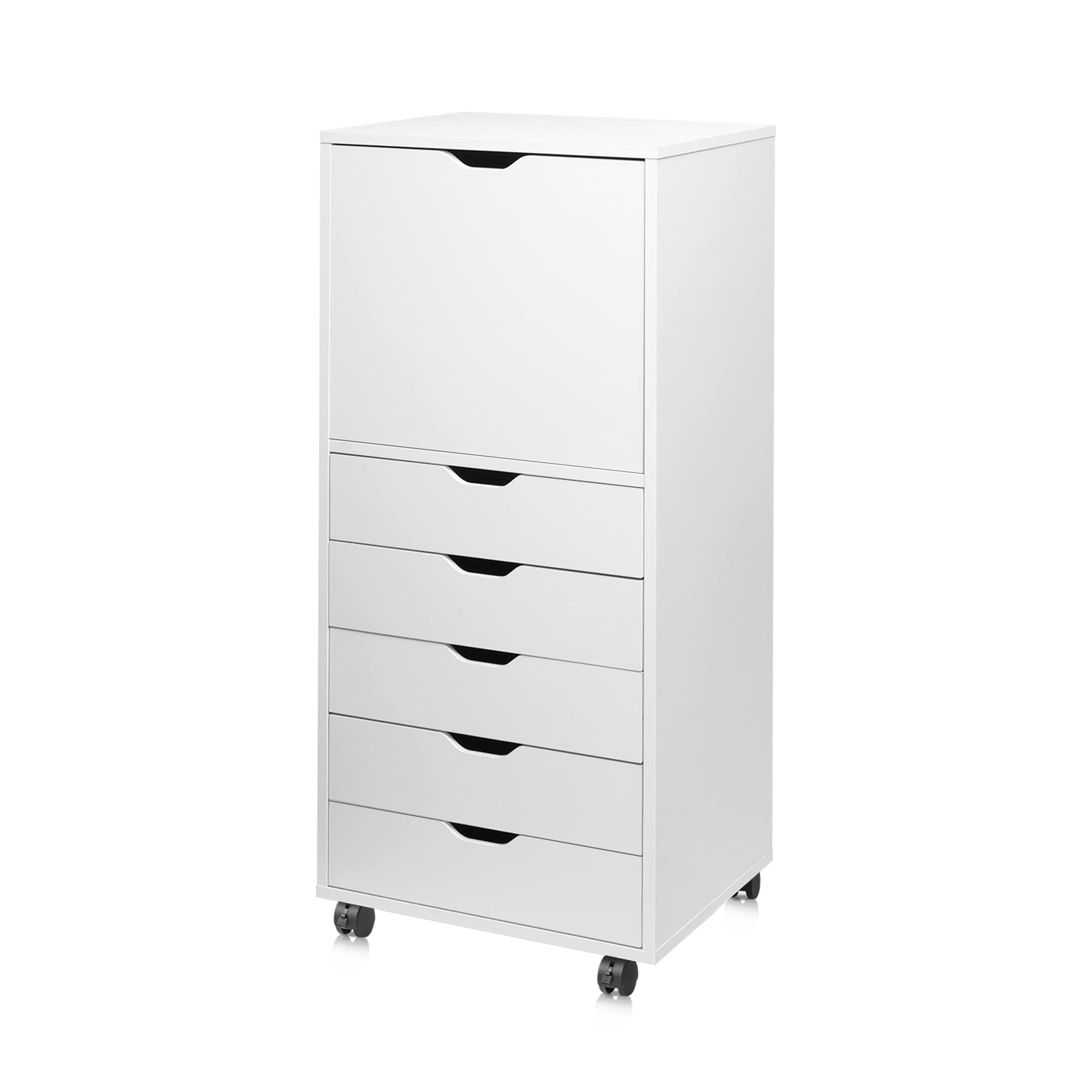 DEVAISE 5-Drawer Wood Dresser with Top Cabinet Storage - Mobile Chest of Drawers with Wide Storage Space for Bedroom, Living Room & Home Office - White Organizer Furniture for Clothes, Books & Office Supplies