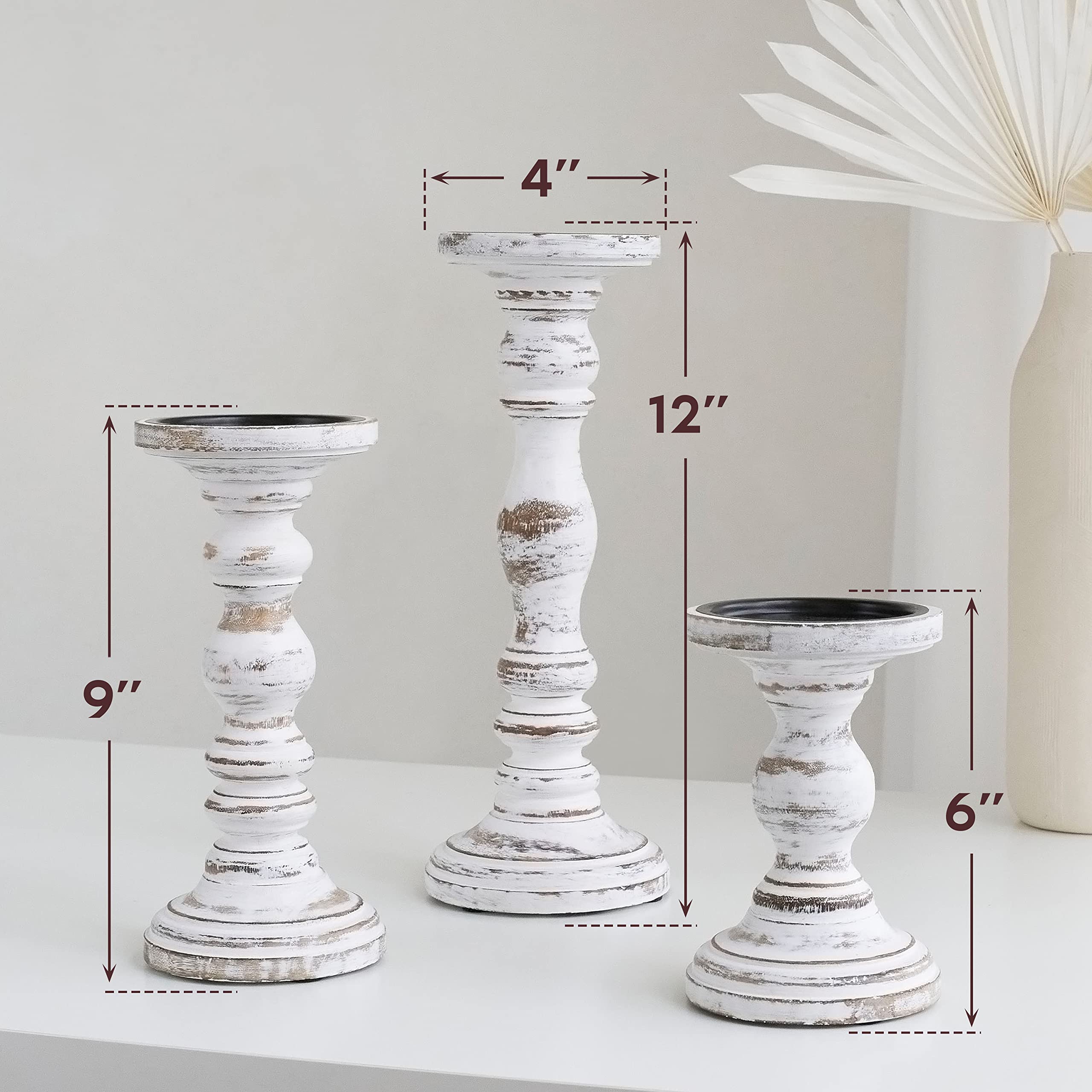 Large Rustic Farmhouse Candle Holders for Pillar Candles - 3-Piece White Home Decor Set - Perfect for Table Centerpieces, Coffee Table & Fireplace Mantel - Ideal for Weddings, Dinner Parties & Cozy Evenings