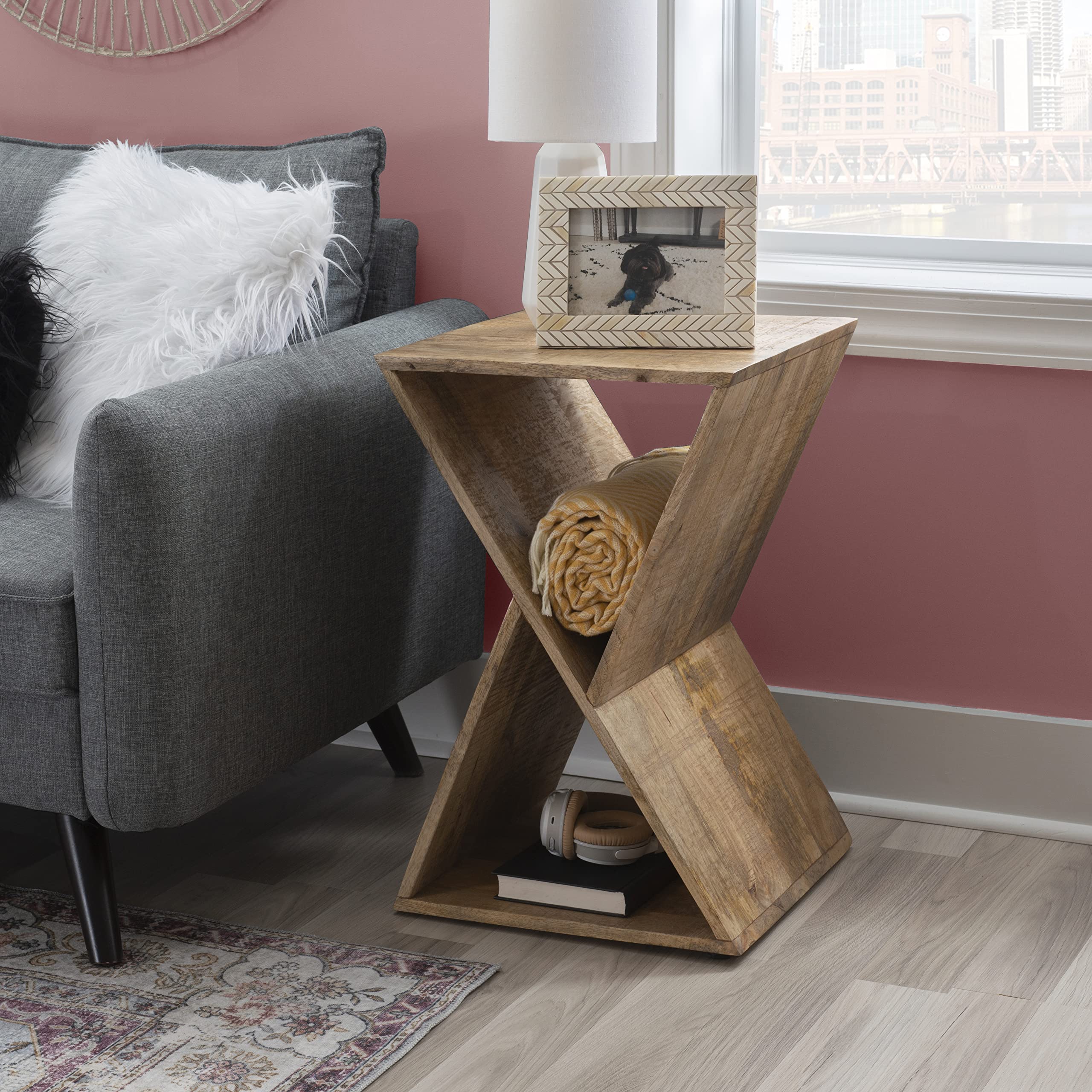 Natural Mango Wood Triangle Side Table by Powell - Rustic End Table for Living Room, Bedroom & Patio - Handcrafted Karlon Design Coffee Table with Sturdy Wooden Frame