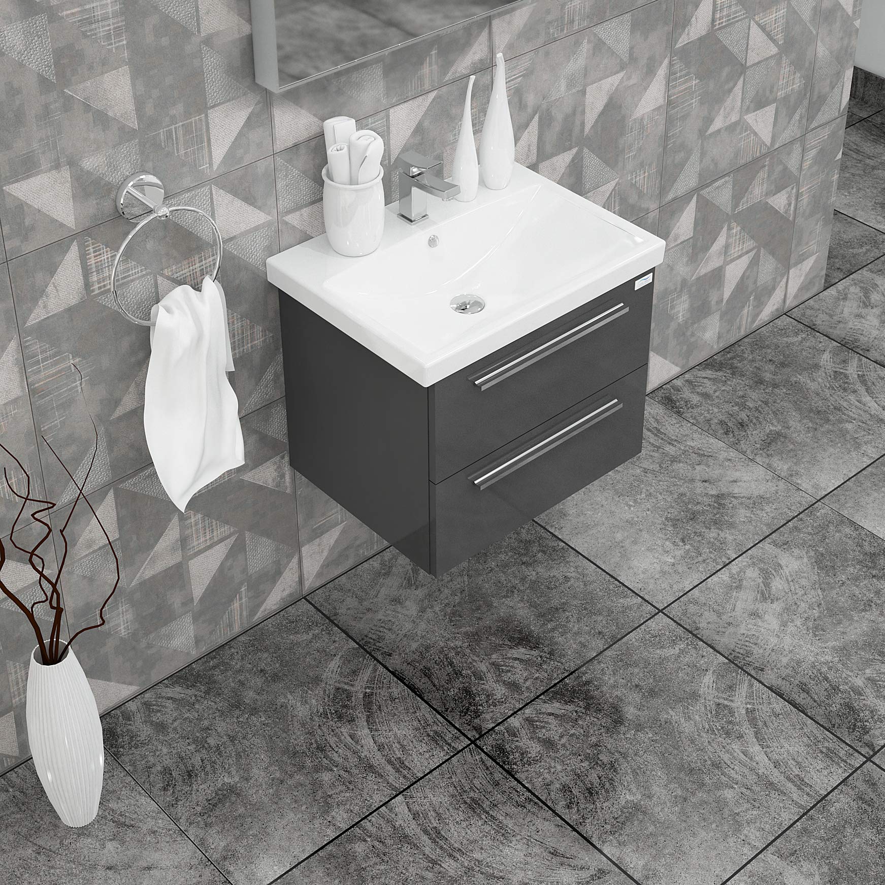 24 Inch Modern Floating Bathroom Vanity Set with LED Mirror & Side Cabinet - Soft Closing Doors, Ceramic Sink, Wall Mounted - Glossy Gray Wooden Vanity for Small Bathrooms & Powder Rooms | Perfect for Apartments, Condos & Modern Homes