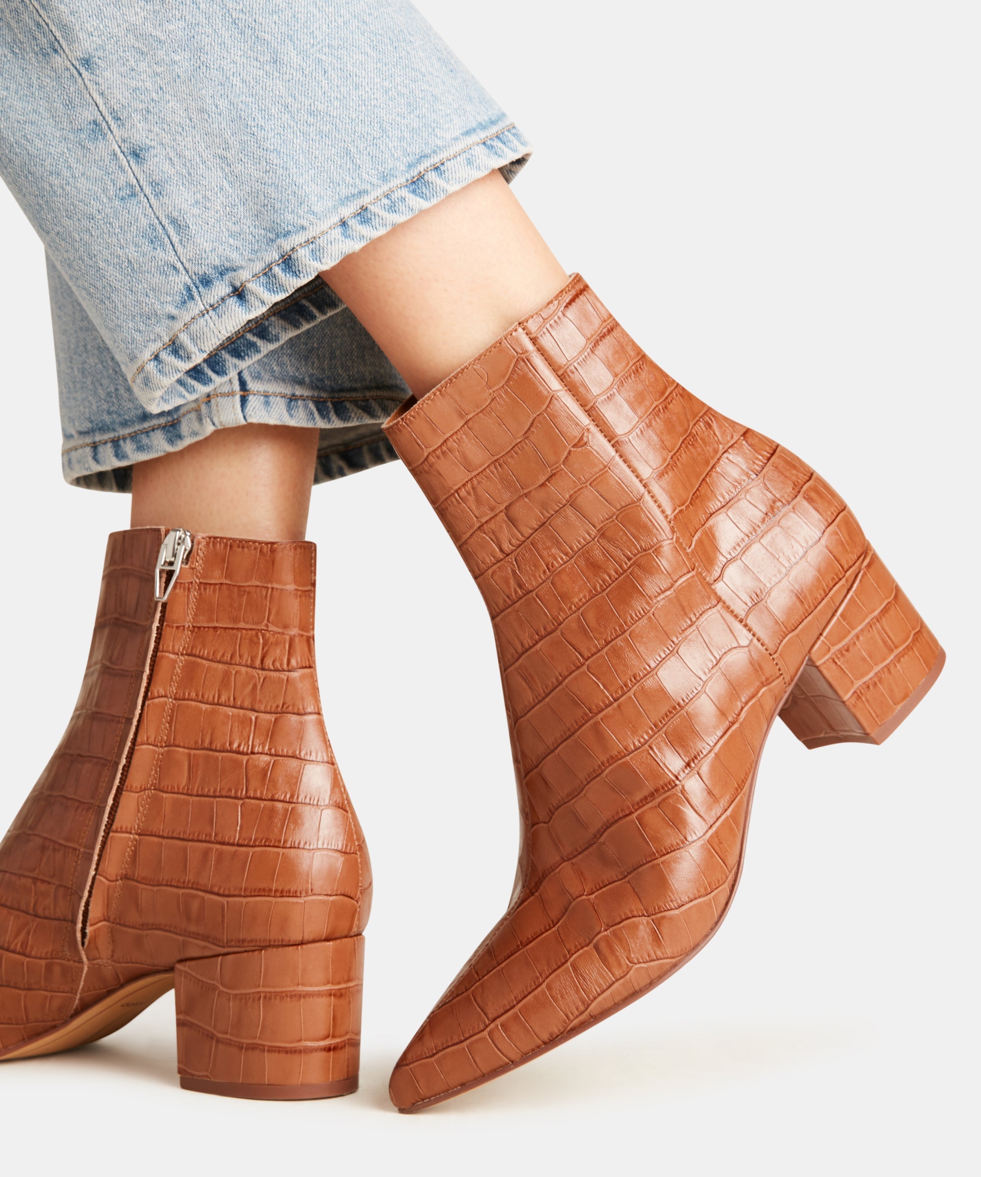 BEL Women's Cognac Crocodile Embossed Booties - Stylish Ankle Boots for Fall & Winter Fashion | Perfect for Office, Parties & Casual Outfits
