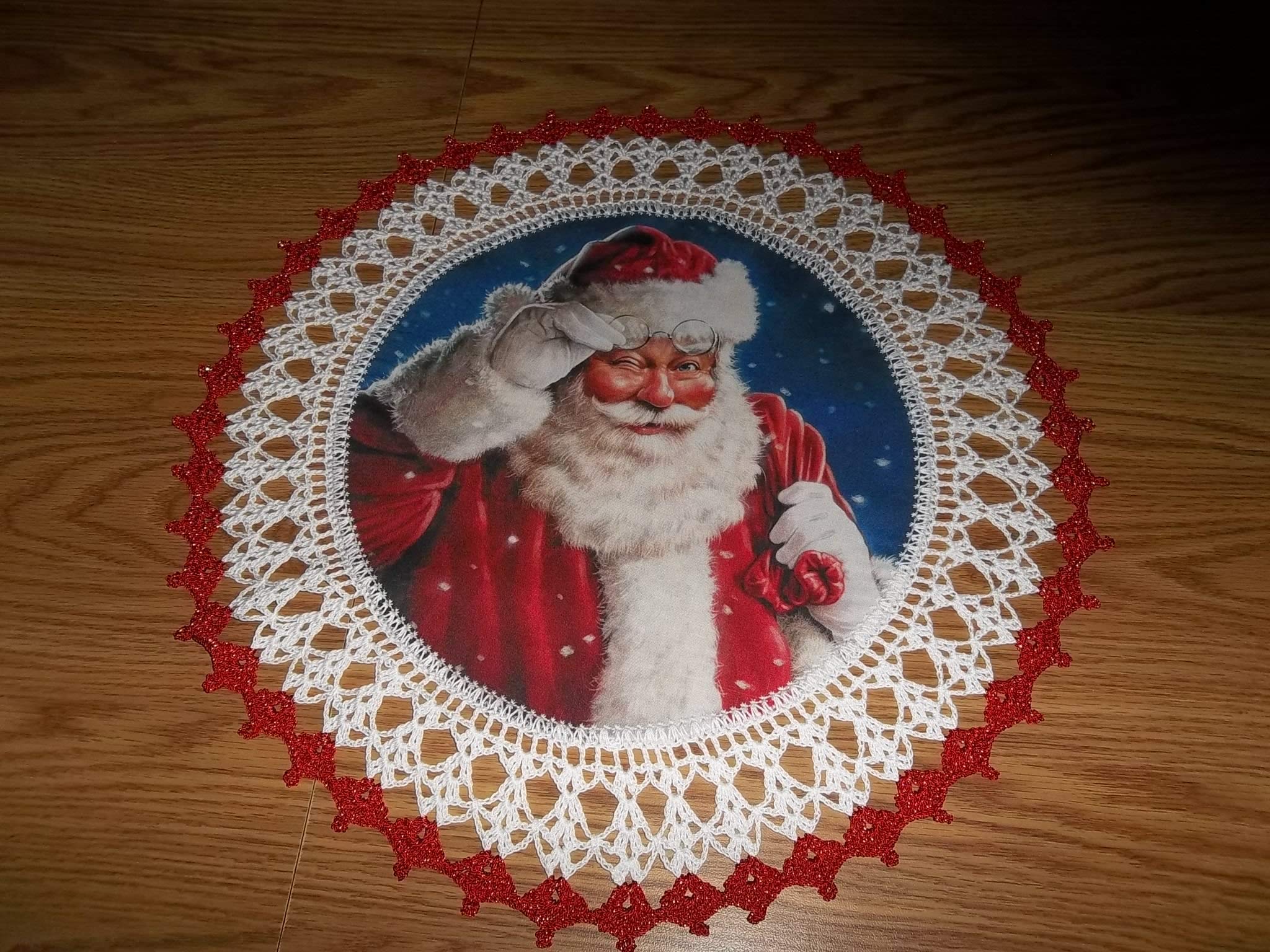Handmade Crochet Christmas Doily Santa Table Topper - 18 Inch Round Holiday Table Decoration for Christmas Dinner, Party Centerpiece & Festive Home Decor