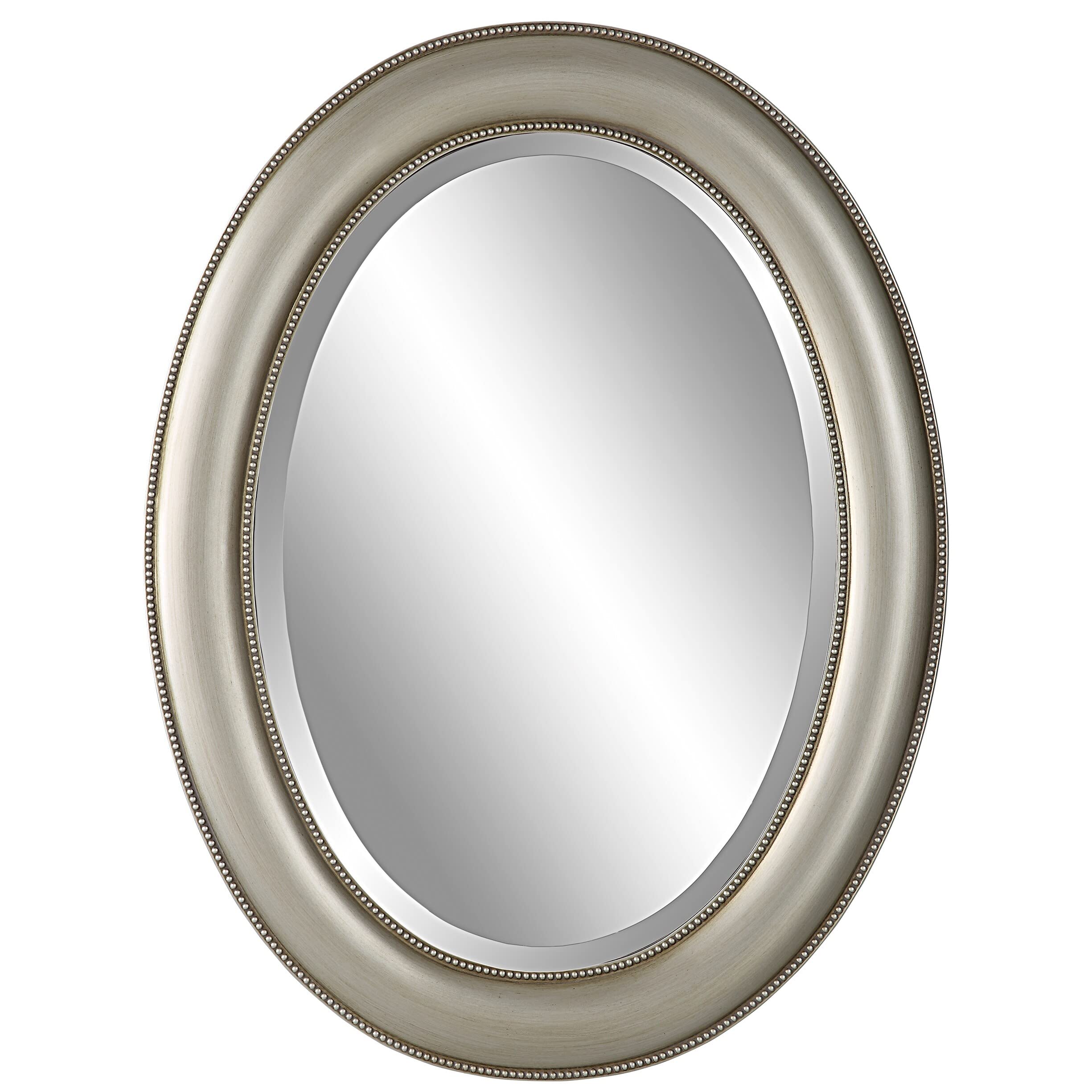 29 Inch Wood Wall Mirror Beaded Oval Frame - Metallic Silver Modern Contemporary Decor for Living Room, Bedroom & Entryway