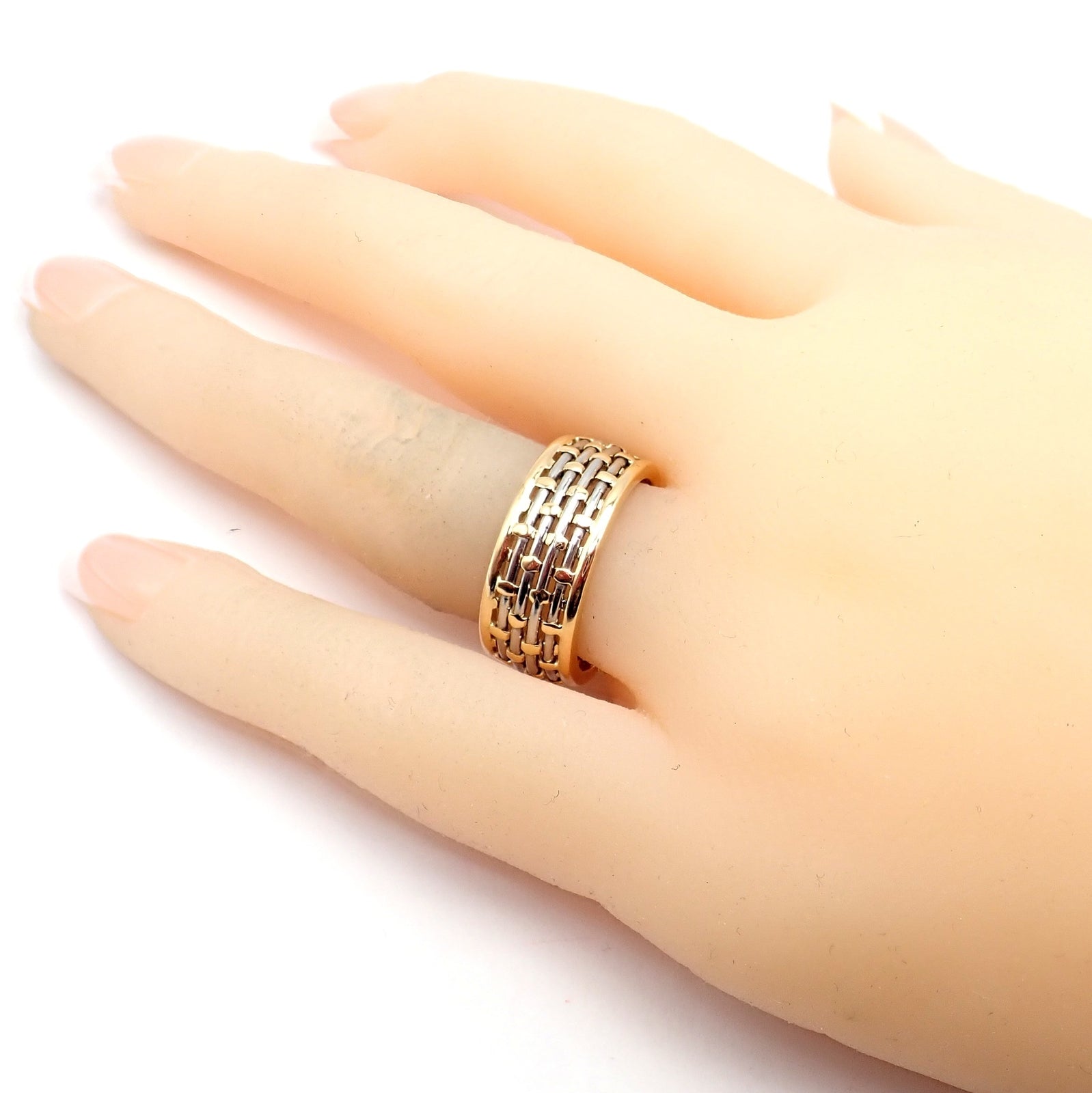 Authentic Cartier 18K Yellow Gold & Stainless Steel Basket Weave Ring and Earrings Set - Luxury Jewelry for Weddings, Anniversaries & Special Occasions