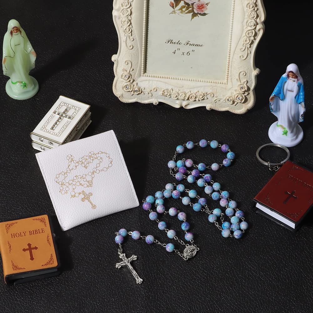 Blue Crystal Rosary Beads for Women - Catholic Prayer Necklace with Vintage Last Supper Jewelry Box - Anglican Christian Gift for Baptism, First Communion & Daily Devotion