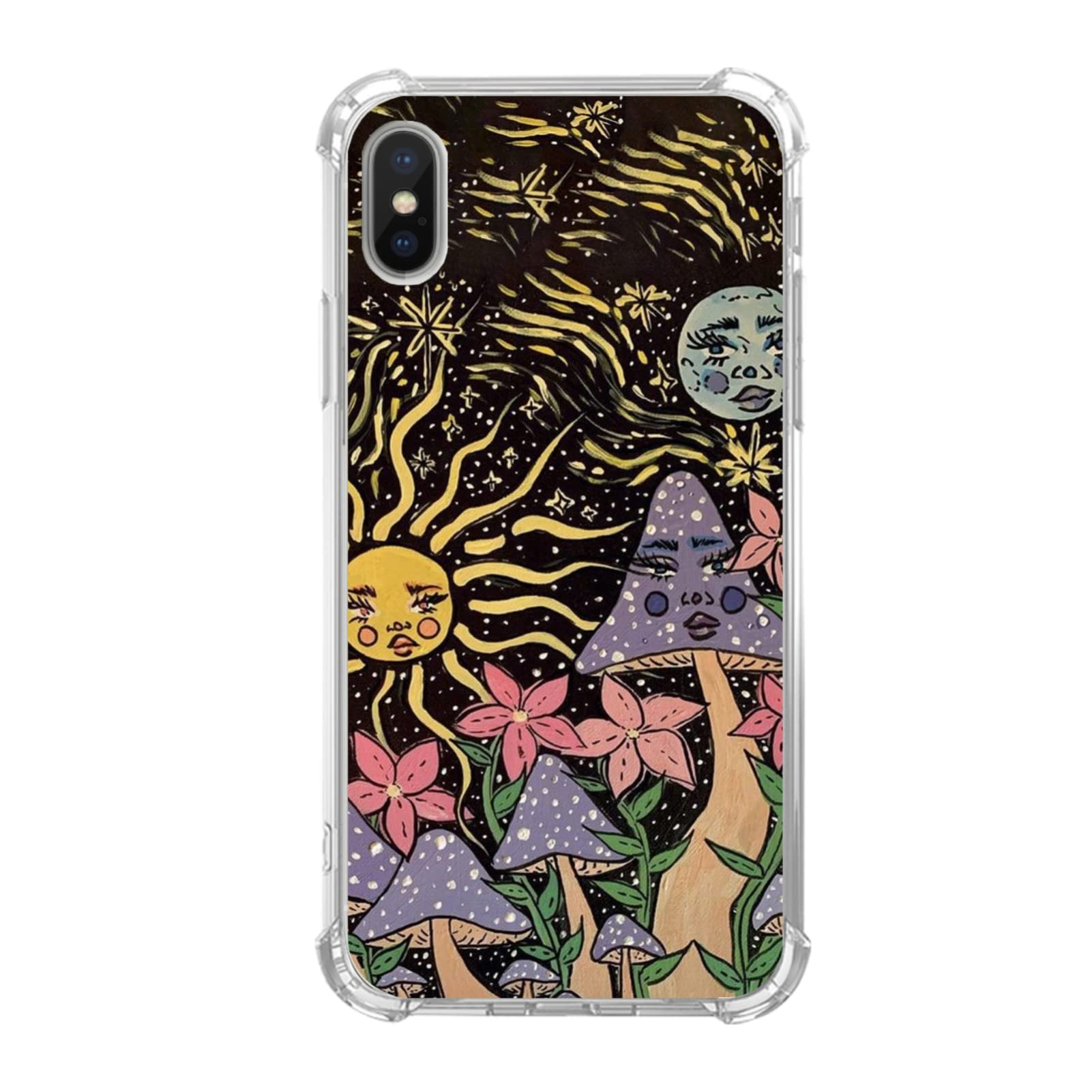 **Indie Flowers Sun Moon Mushroom Pattern iPhone X/Xs Case - Aesthetic Psychedelic Sunflower Design for Women & Men - Trendy TPU Bumper Phone Cover for iPhone X/Xs - Perfect for Boho Style & Festival Fashion**