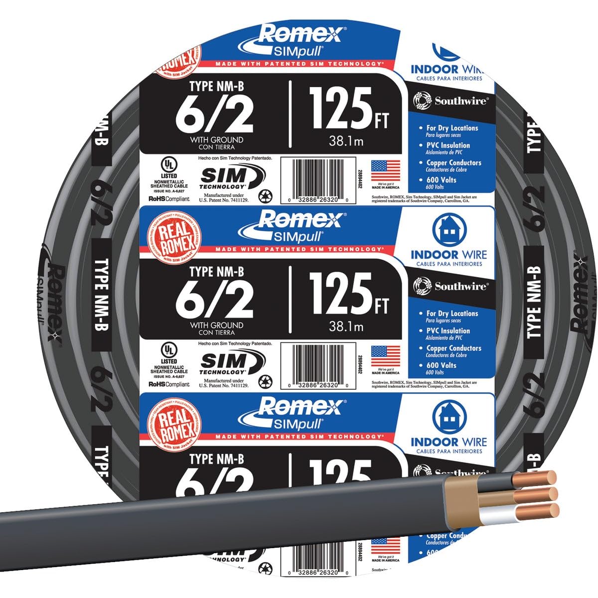 Southwire 28894402 14/2 NM-B Nonmetallic Sheathed Electrical Cable with Ground - Ideal for Indoor Wiring, Home Renovations & DIY Electrical Projects