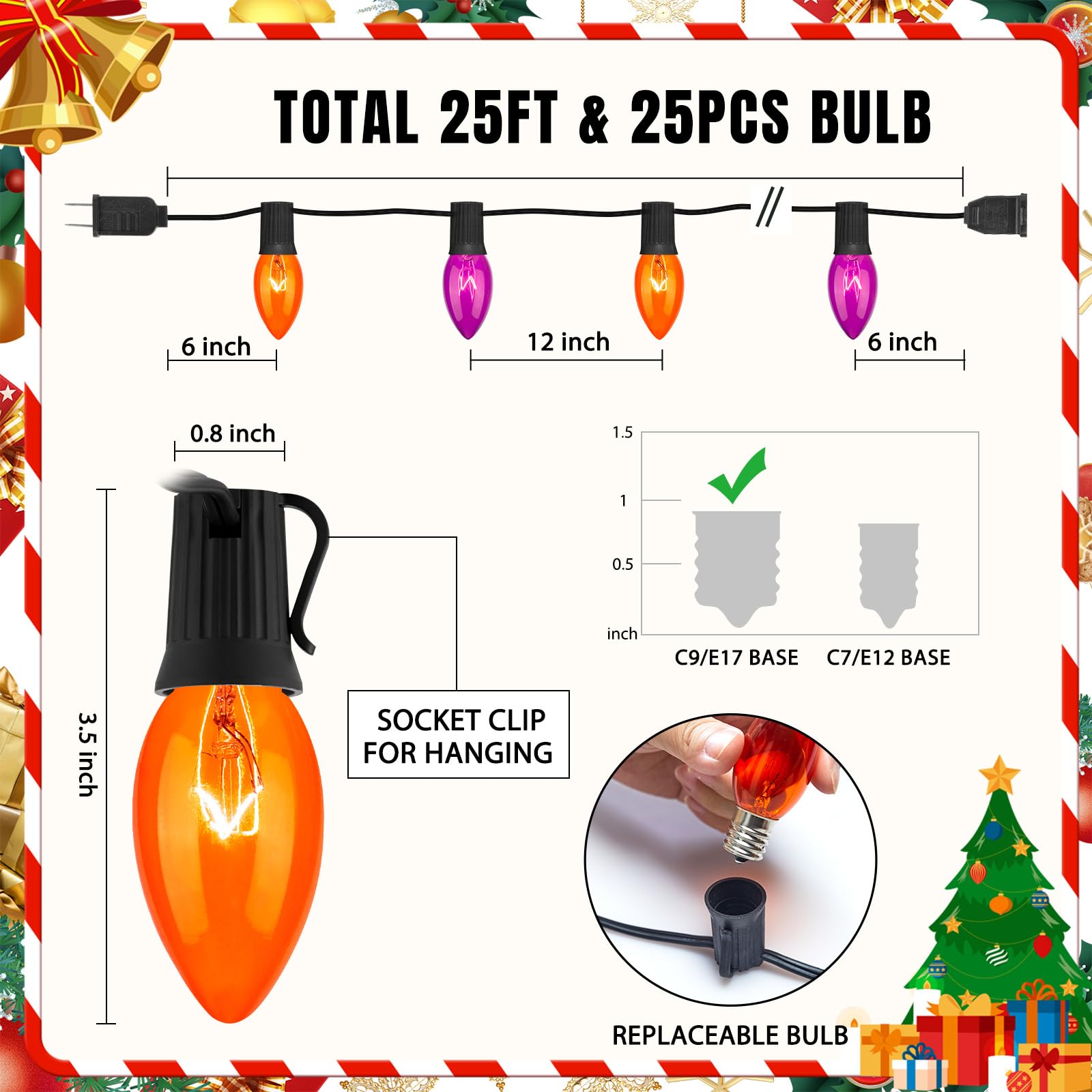 C9 Halloween String Lights - 25ft Orange & Purple Waterproof LED Lights for Outdoor & Indoor Decor - Perfect for Halloween, Christmas, Roofline, Party, and Home Decoration