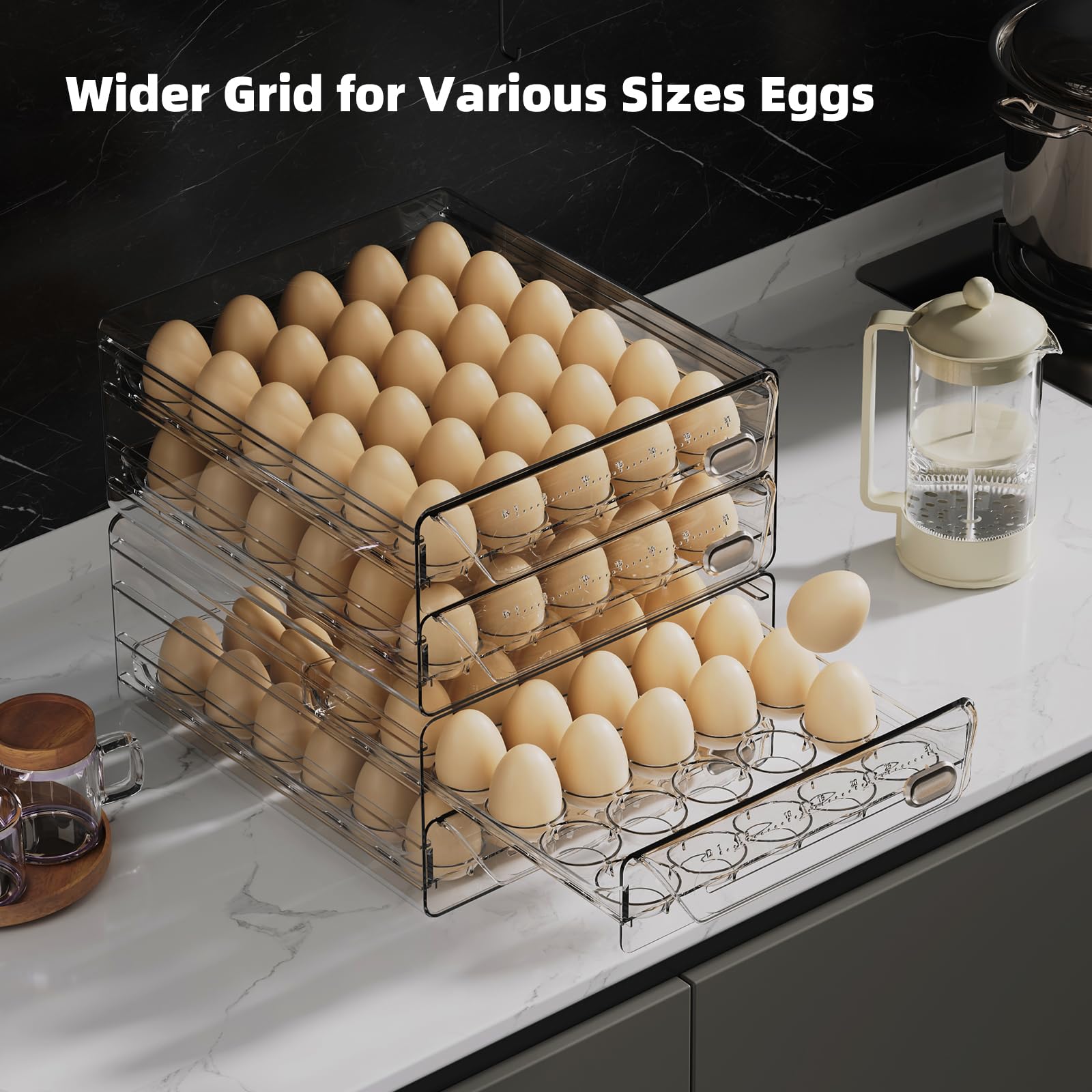 Clear 24 Egg Holder for Refrigerator - High Capacity Stackable Egg Organizer with Time Scale & Drawers (2 Layer, 7.9
