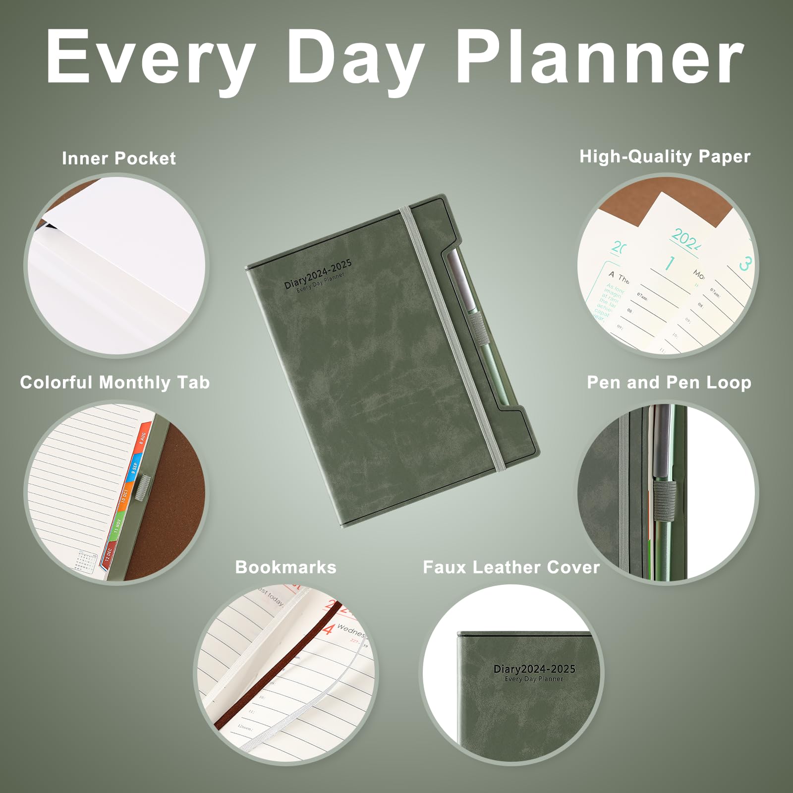2024-2025 Academic Planner - A5 Daily Diary with Hard Cover | July 2024 to June 2025 12-Month Agenda | Includes Pen, Pen Loop, Stickers & Back Pocket (Green) | Perfect for Students, Teachers & Professionals