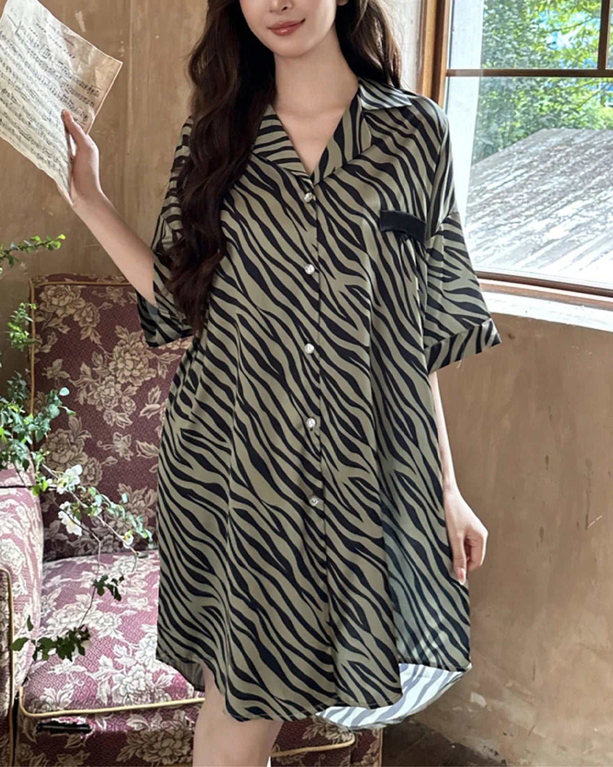Zebra Print Silk Night Shirt for Women - Soft & Luxurious Sleepwear - Perfect for Comfortable Nights & Relaxing at Home