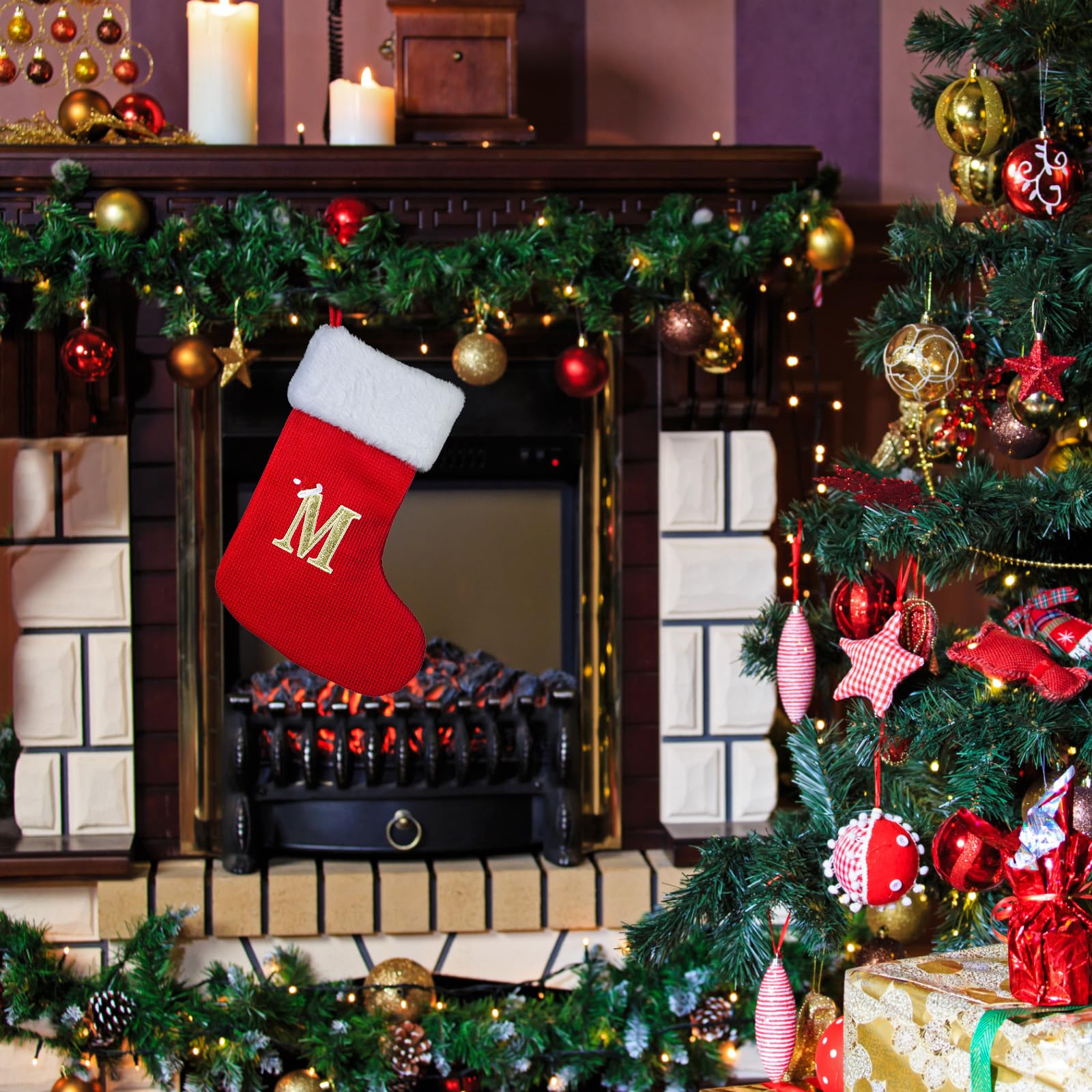 Personalized Monogrammed Christmas Stockings - 13 Inch Embroidered Initial Holiday Stockings for Mom, Dad, Kids, Women & Men - Red Festive Stocking with Custom Letter (M) - Perfect for Fireplace Decor, Gift Giving & Family Christmas Traditions
