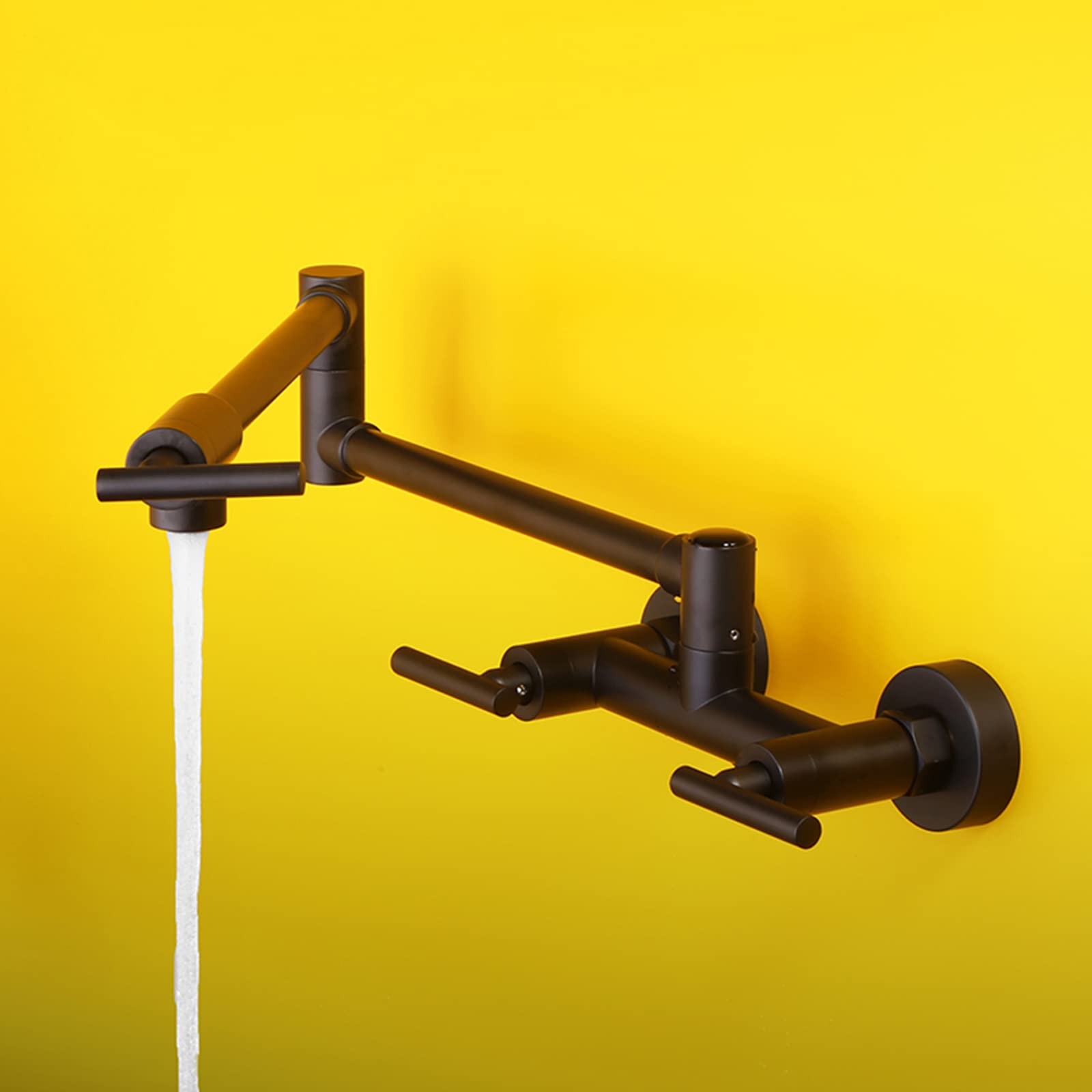Black Wall Mounted Foldable Pot Filler Kitchen Faucet - 3 Handle Dual Hole Hot & Cold Water Mixer Tap with Stretchable Double Joint Swing Arm | Perfect for Home Kitchen, Restaurant & Commercial Use