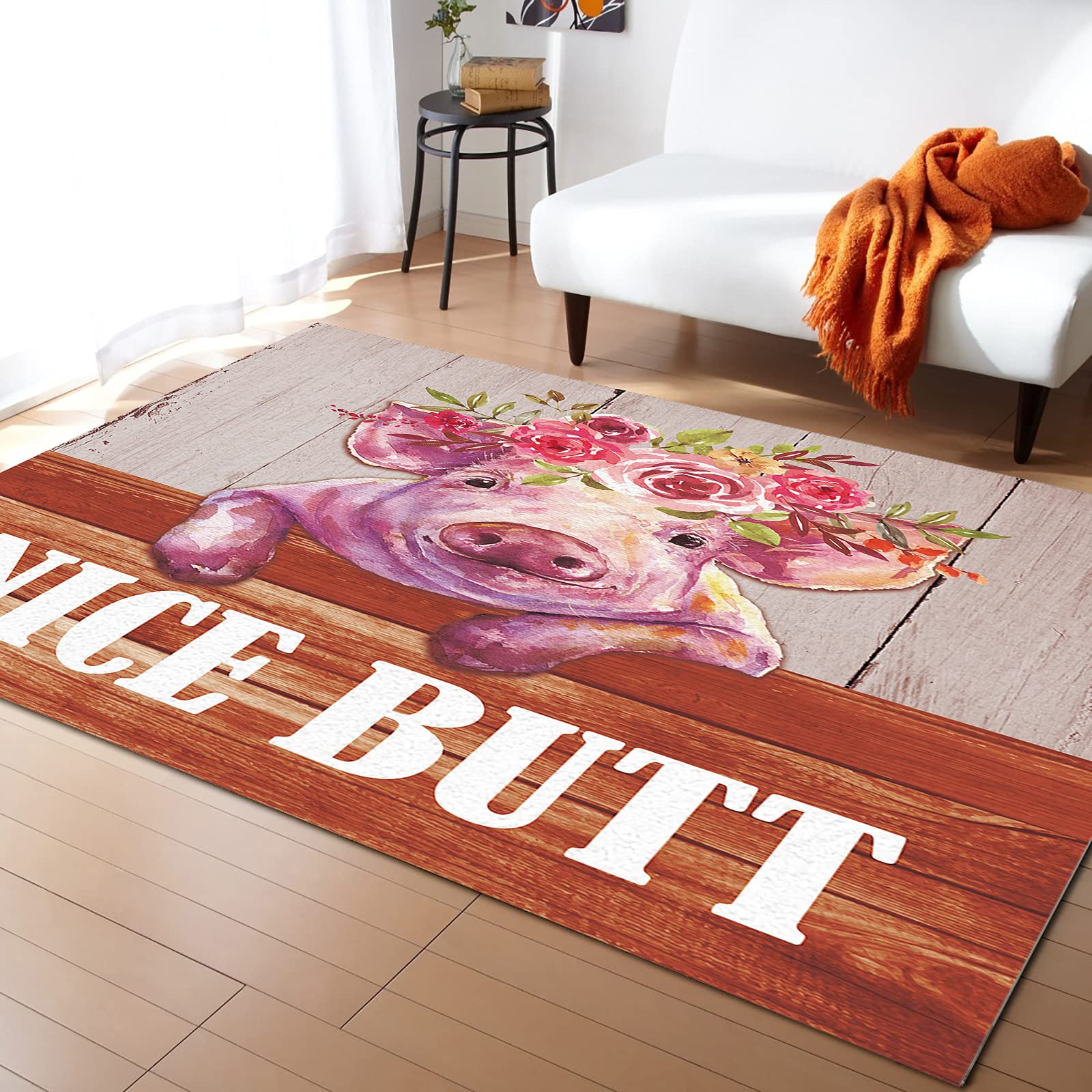 2'7x5' Large Non-Slip Rectangle Area Rug with Pig & Flowers Design - Wood Plank Pattern Indoor Carpet Runner for Living Room, Bedroom, Dorm | Perfect for Home Decor, Cozy Spaces & High Traffic Areas