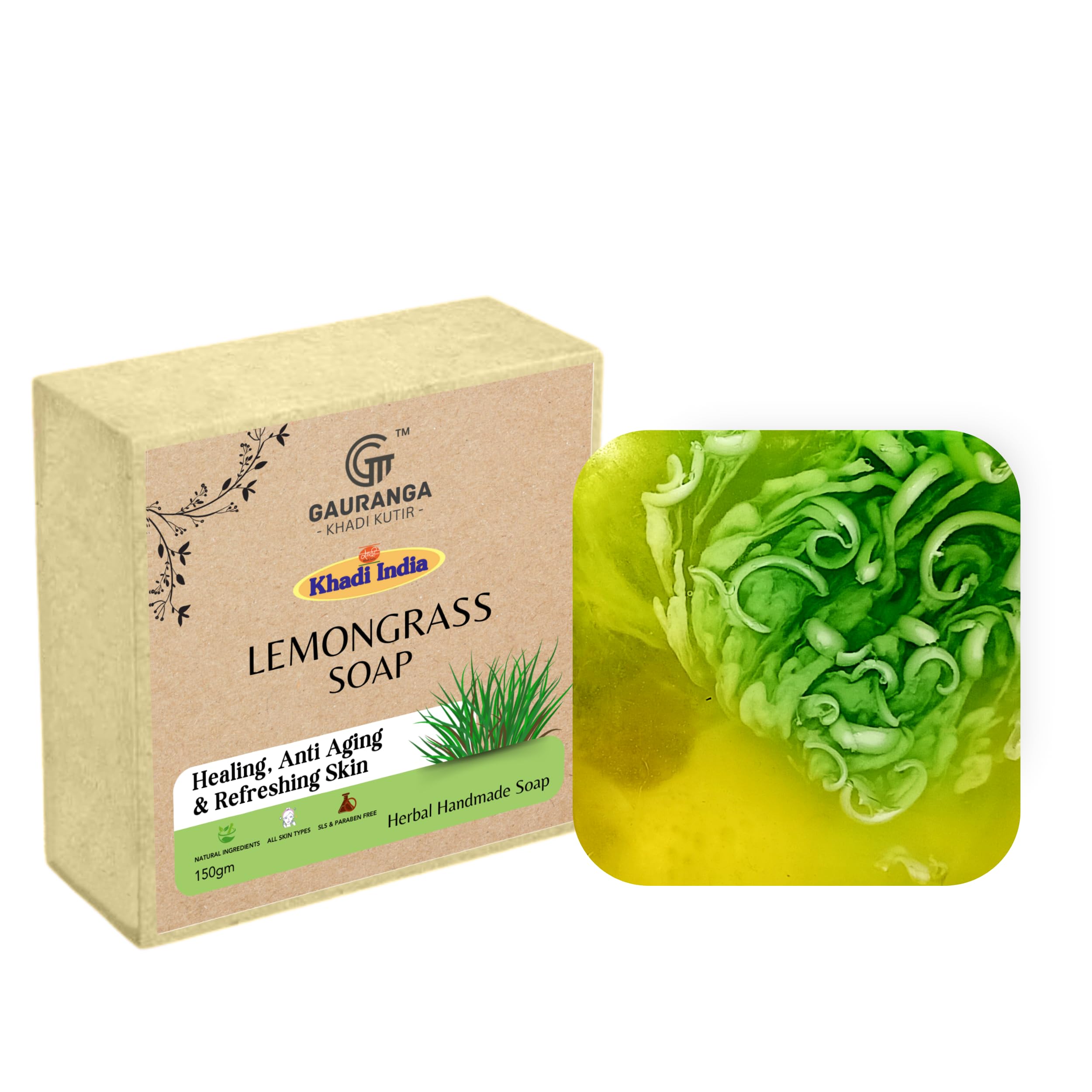 Gauranga Khadi Lemongrass Soap 150g - Natural Handmade Herbal Soap for Oil Control & Clear Skin - Refreshing Lemongrass Aroma for Men & Women - Perfect for Daily Skincare & Aromatherapy Bath