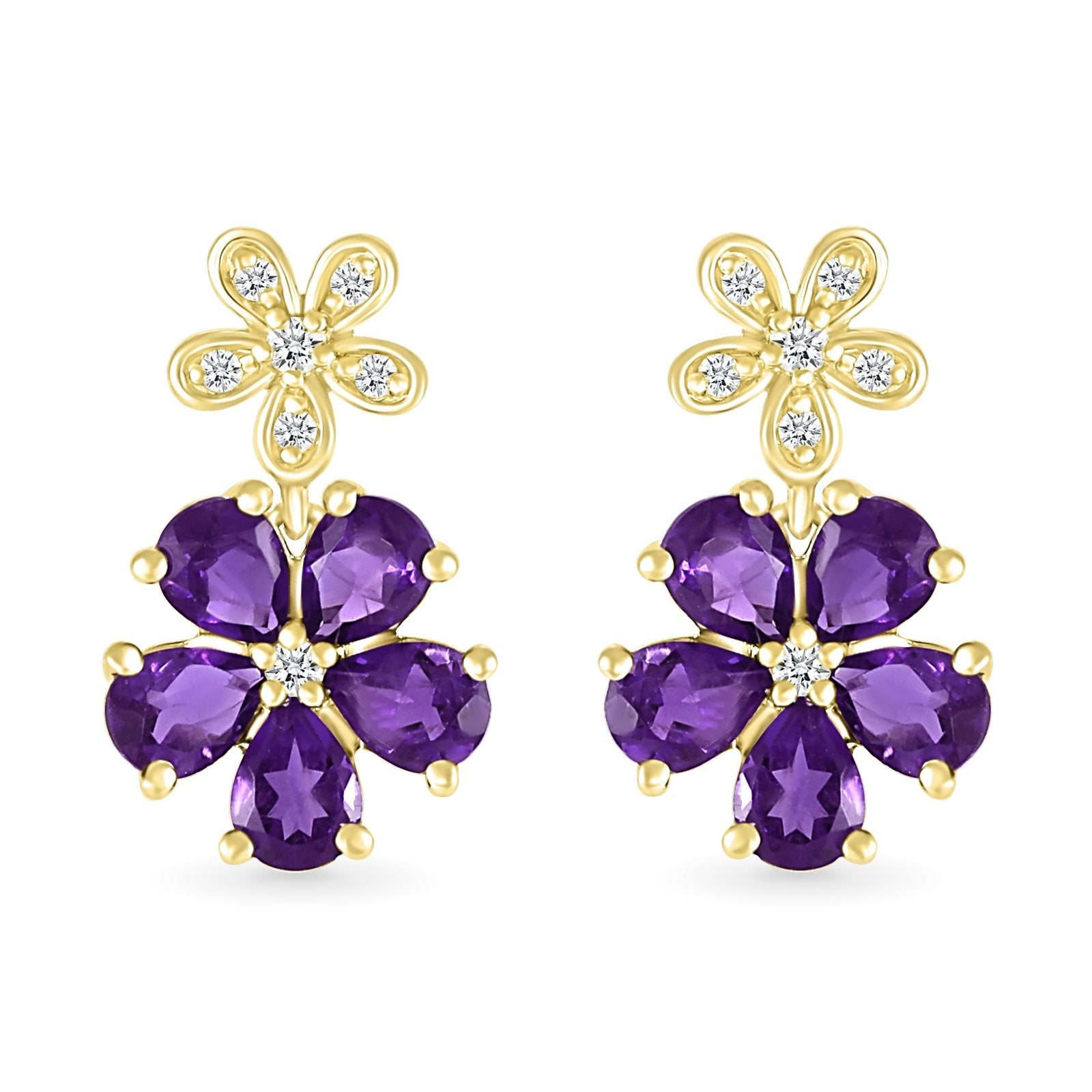 10k Yellow Gold Amethyst & White Sapphire Double Flower Drop Stud Earrings for Women – Elegant Jewelry Gift for Birthday, Anniversary & Special Occasions
