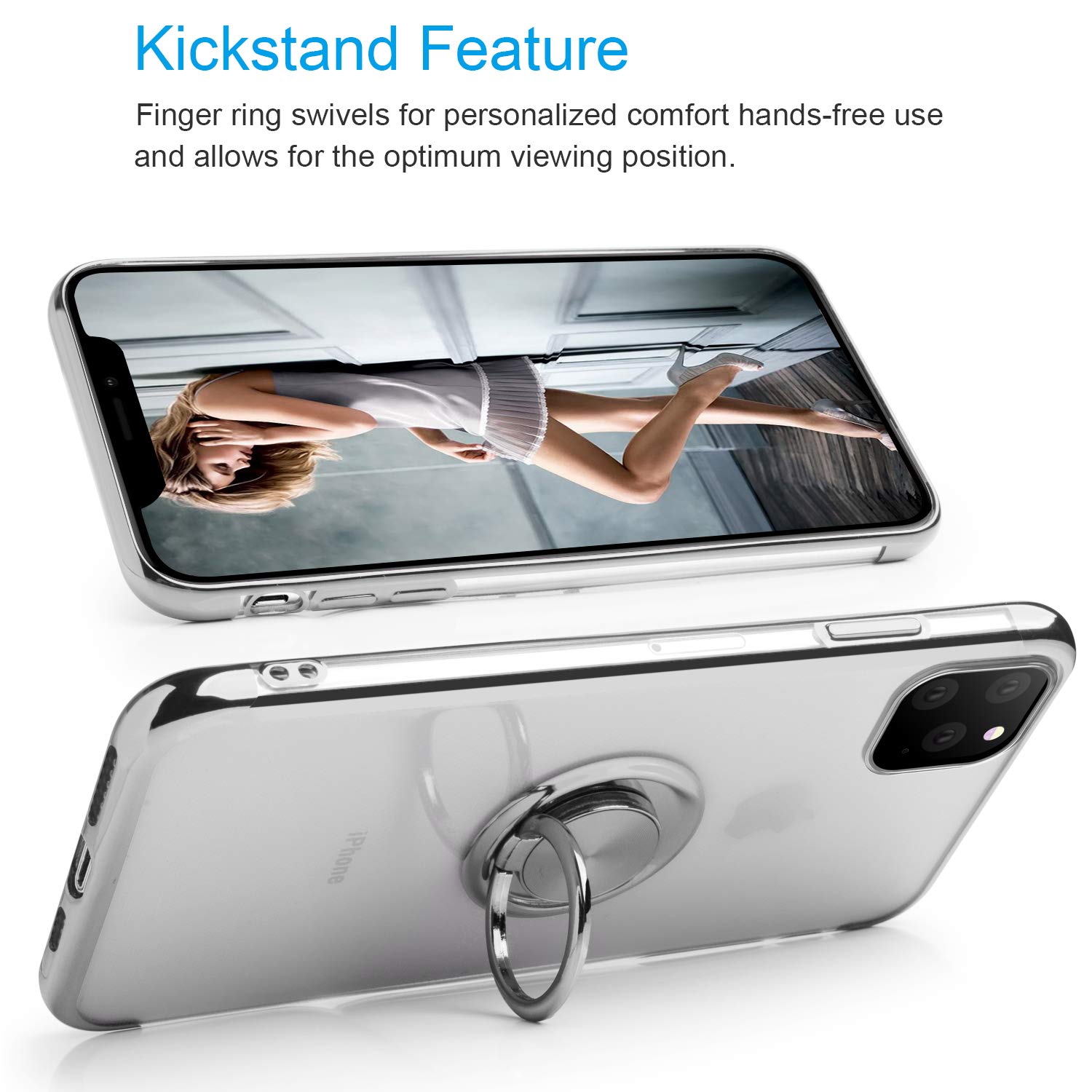 Ultra Slim Clear Crystal TPU Case for iPhone 11 Pro Max with 360° Rotatable Ring Kickstand & Electroplated Frame - Silver | Protective Phone Cover for Daily Use, Travel, and Hands-Free Viewing