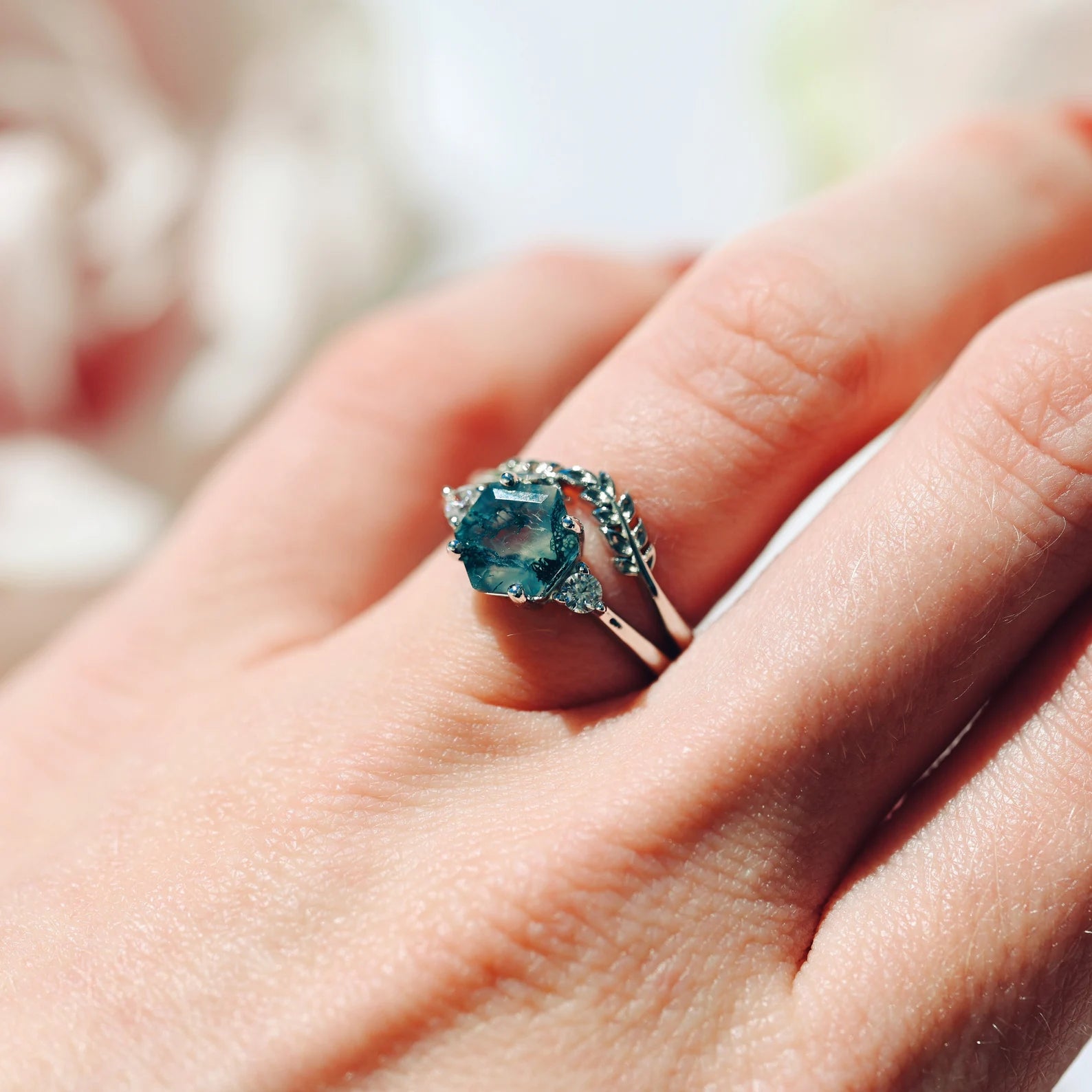 Hexagon Moss Agate Fairy Ring Set - Sterling Silver Jewelry for Women, Boho Chic Wedding Band, Nature-Inspired Gemstone Stackable Rings for Everyday Wear & Special Occasions