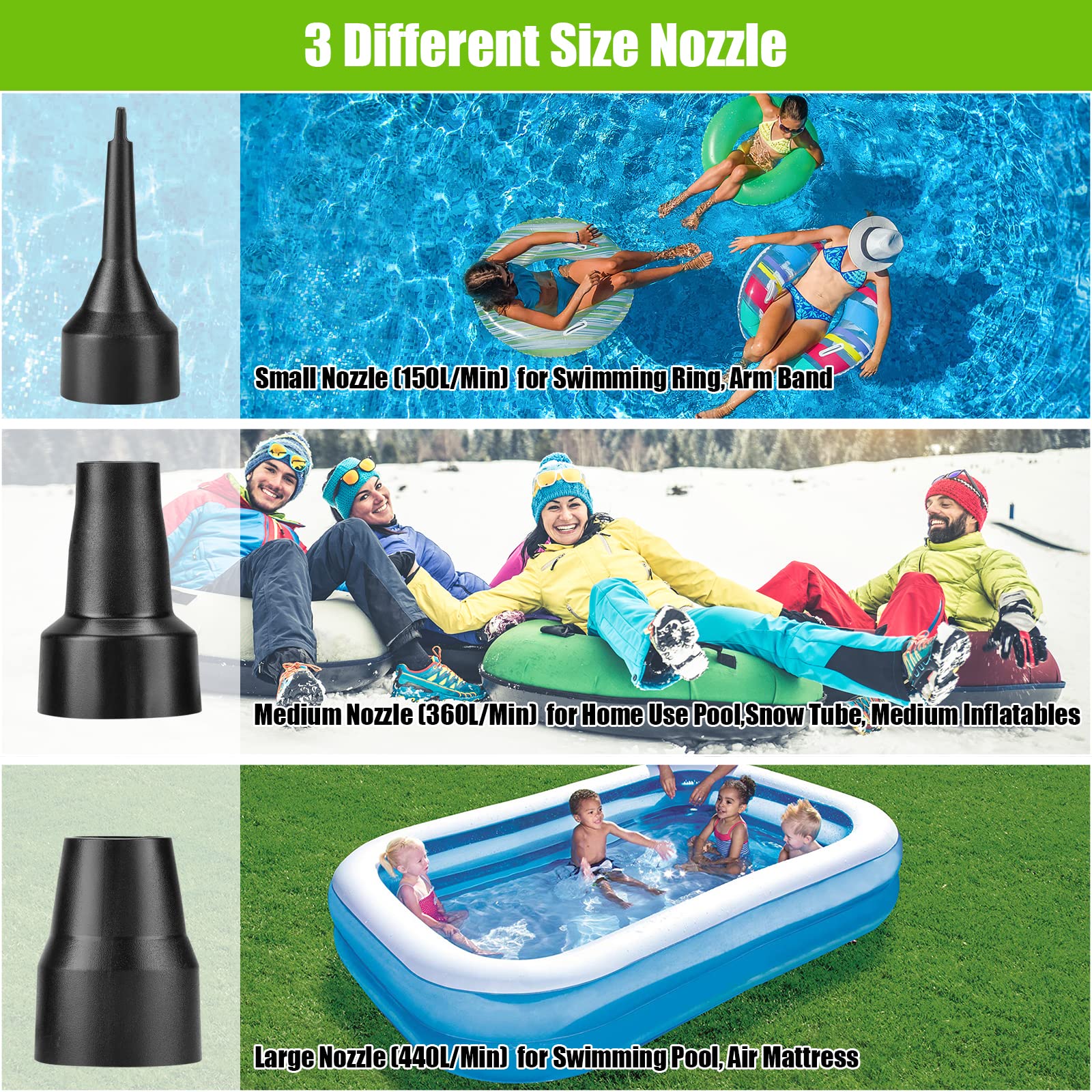 CAMULAND 130W Electric Air Pump with 3 Nozzles - Fast Inflation for Air Mattress, Inflatable Couch, Pool Floats, Rafts & Boats - Portable Air Pump for Camping, Beach Trips & Home Use