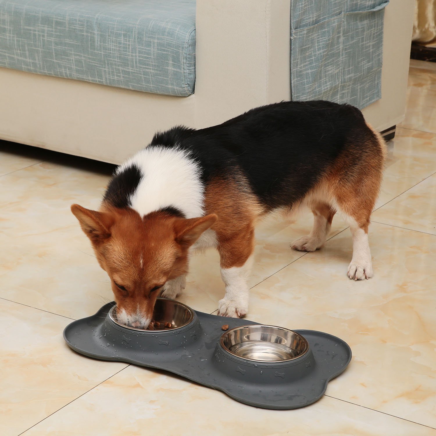 **Pecute Non-Slip Stainless Steel Dog Bowls Set - 2 Pack (14oz Each) with Anti-Spill Silicone Mat for Cats, Puppies & Small Dogs - Perfect for Food & Water Feeding at Home or Travel (Grey)**