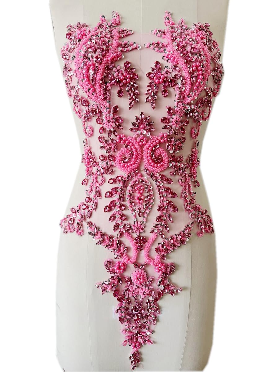 Handmade Shiny Rhinestone Applique Patches - Crystal Beaded Sequins Lace Trim for Prom Dresses, Clothing & DIY Decoration (Pink) | Perfect for Evening Gowns, Bridal Wear & Costume Design